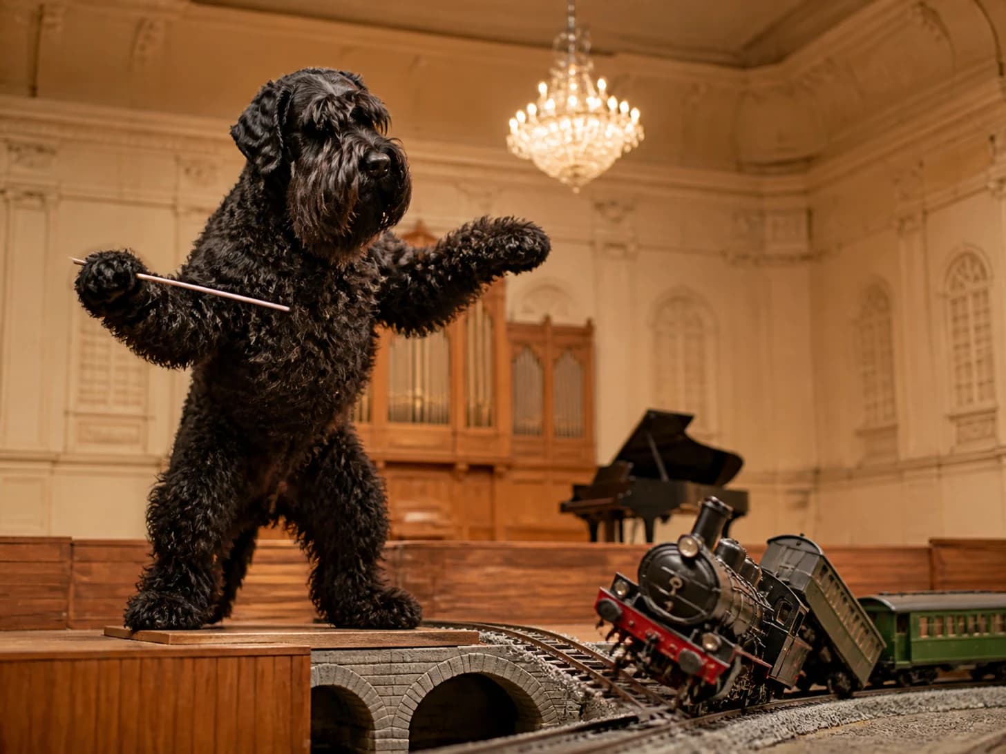 Waffles III was promoted to stern orchestra conductor; unfortunately, a clockwork train misses the platform.