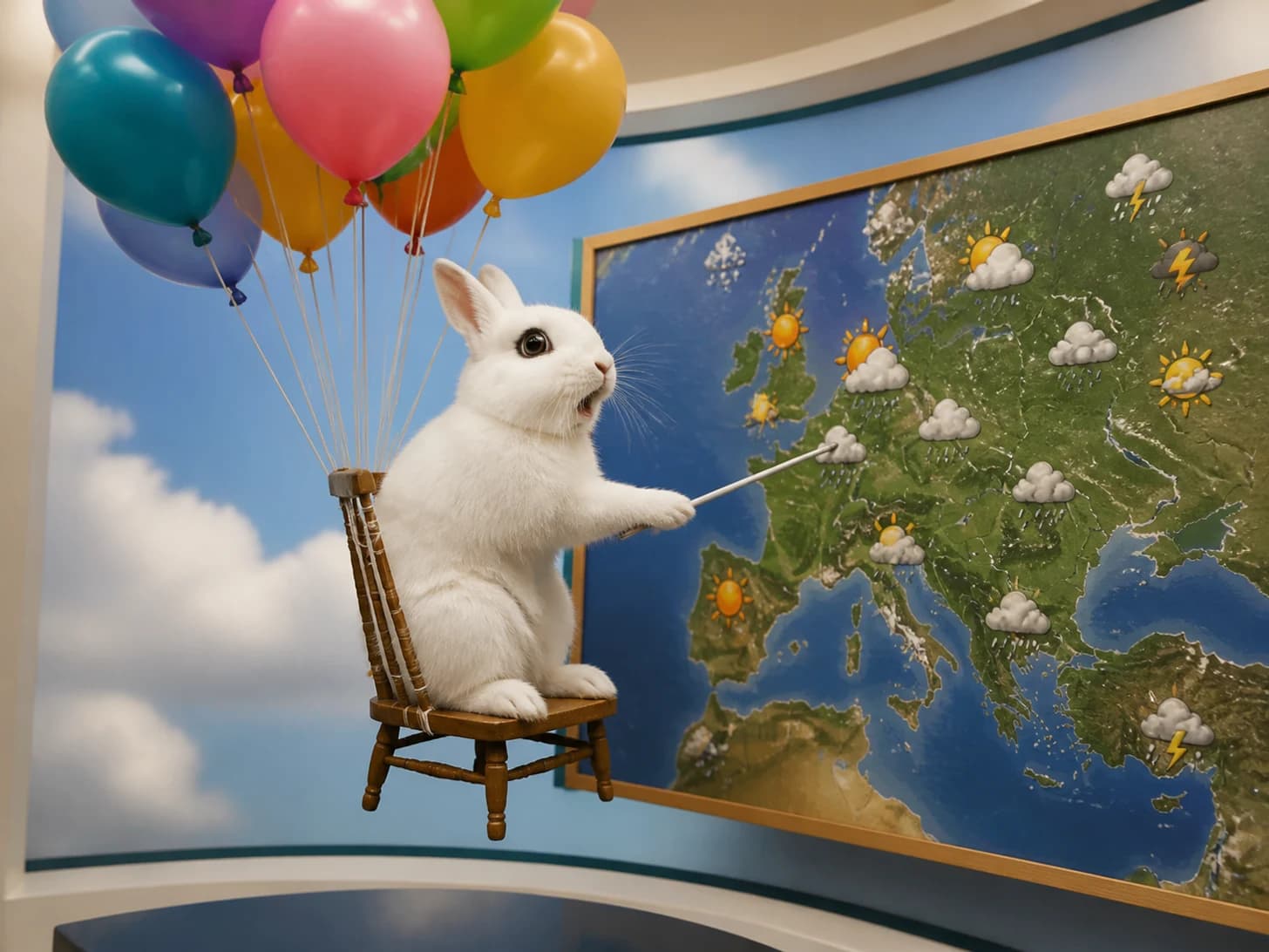 Onyx 12 was promoted to weather forecaster surprised by its own forecast; unfortunately, a balloon bouquet pulls a tiny chair upward.