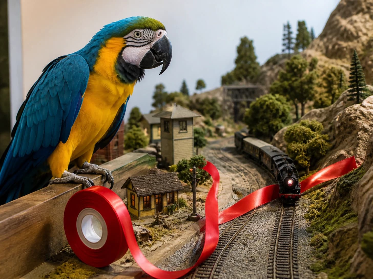 Jasper V was promoted to train dispatcher handling one tiny late train; unfortunately, a ribbon spool rolls across the entire set.