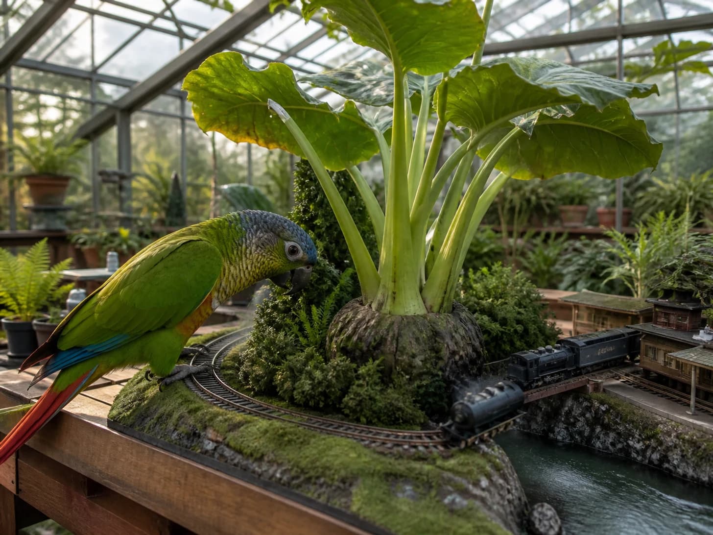 Truffle IV was promoted to botanist studying an absurdly large houseplant; unfortunately, a clockwork train misses the platform.