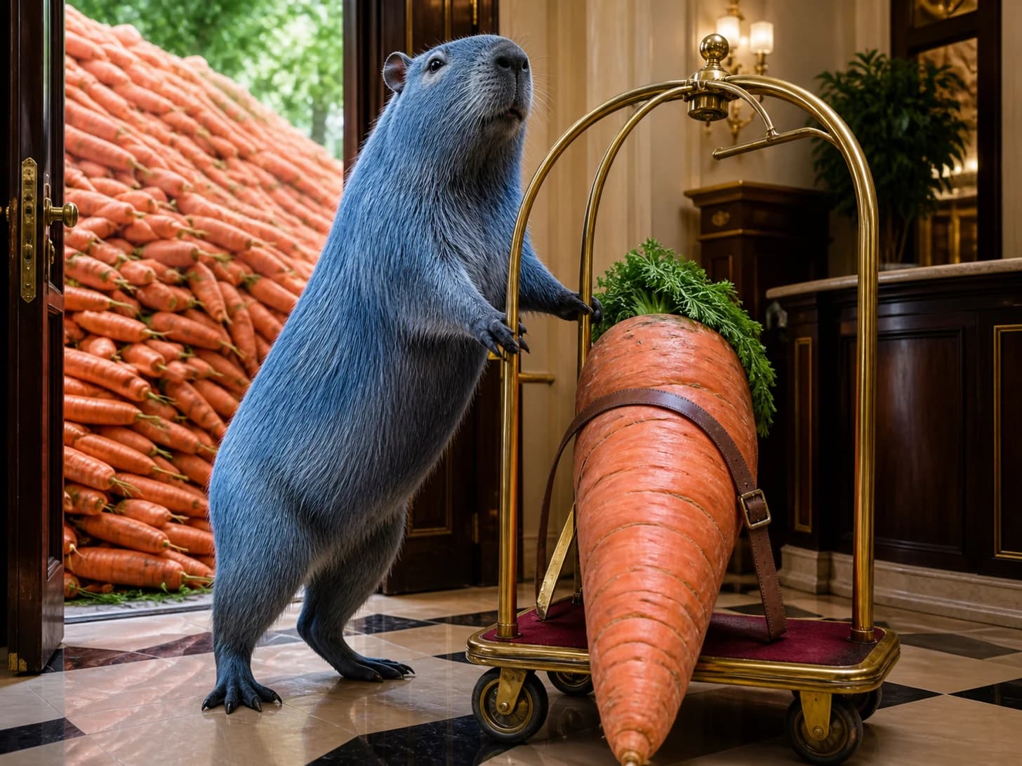 Amber VI was promoted to hotel concierge receiving impossible luggage; unfortunately, a mountain of carrots blocks the doorway.