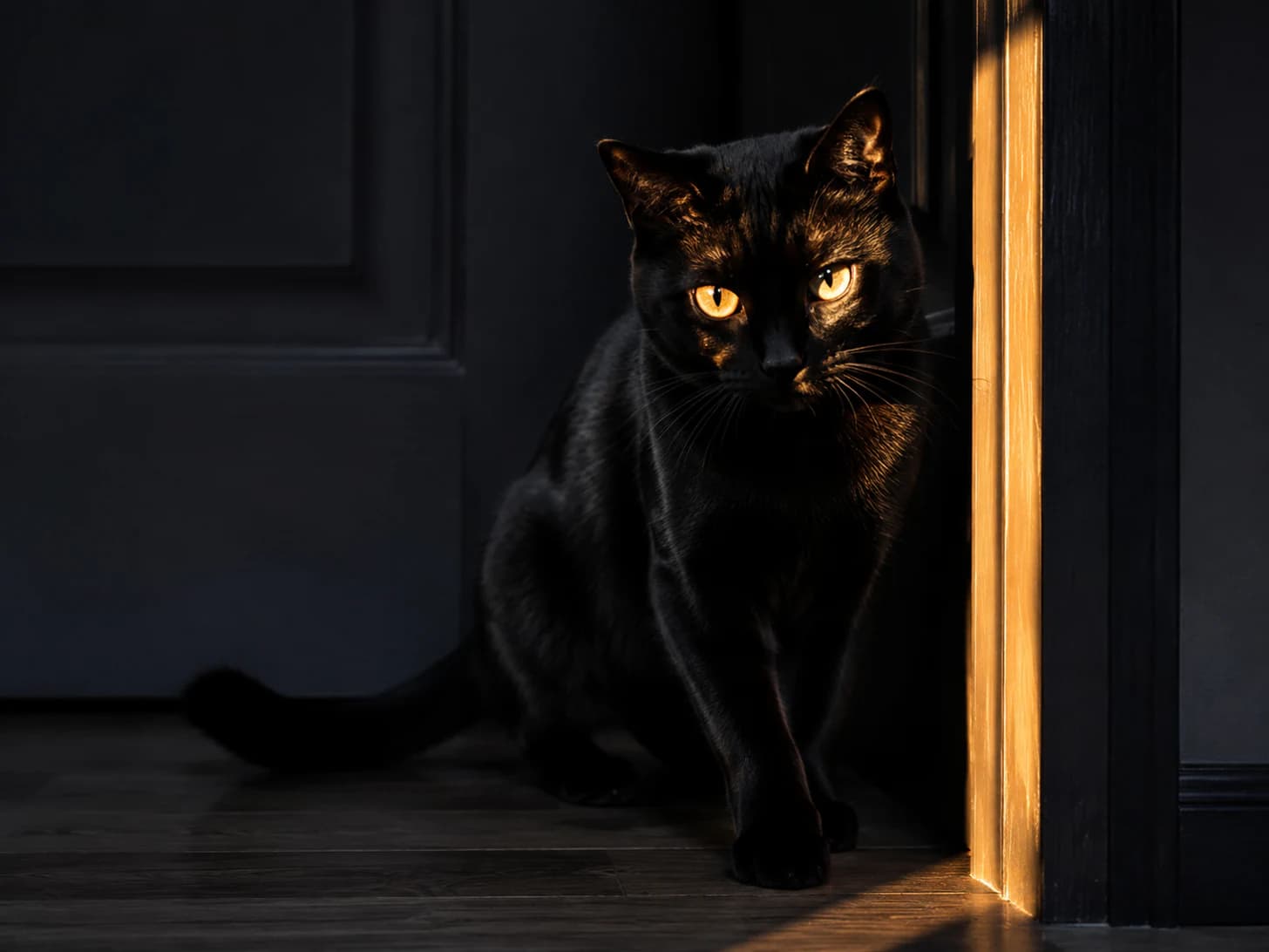 Salem waits in the dark part of the hallway, where the light catches his eyes just so.