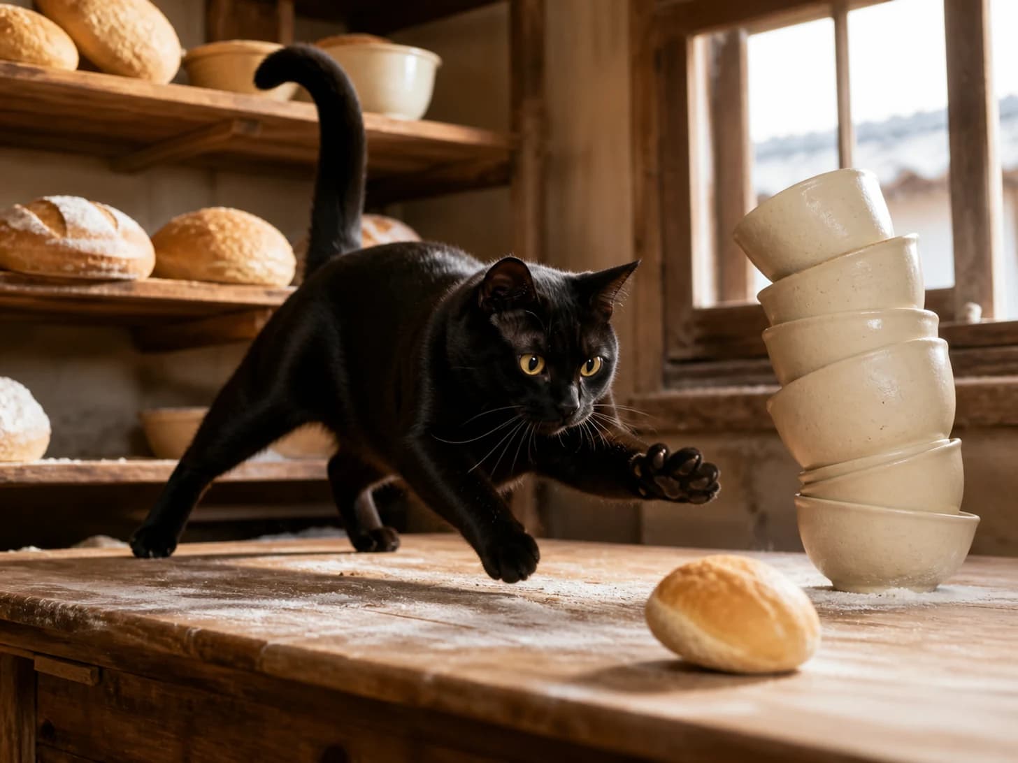 Semolina VII was promoted to baker guarding a runaway bread roll; unfortunately, a stack of empty bowls wobbles dangerously.
