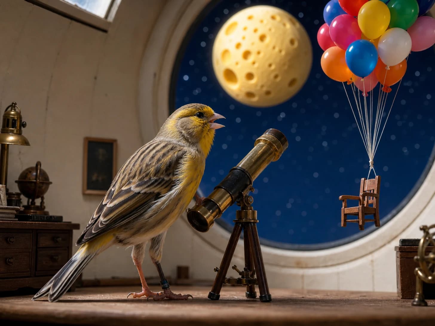 Domino 11 was promoted to astronomer discovering that the moon is a cheese wheel; unfortunately, a balloon bouquet pulls a tiny chair upward.