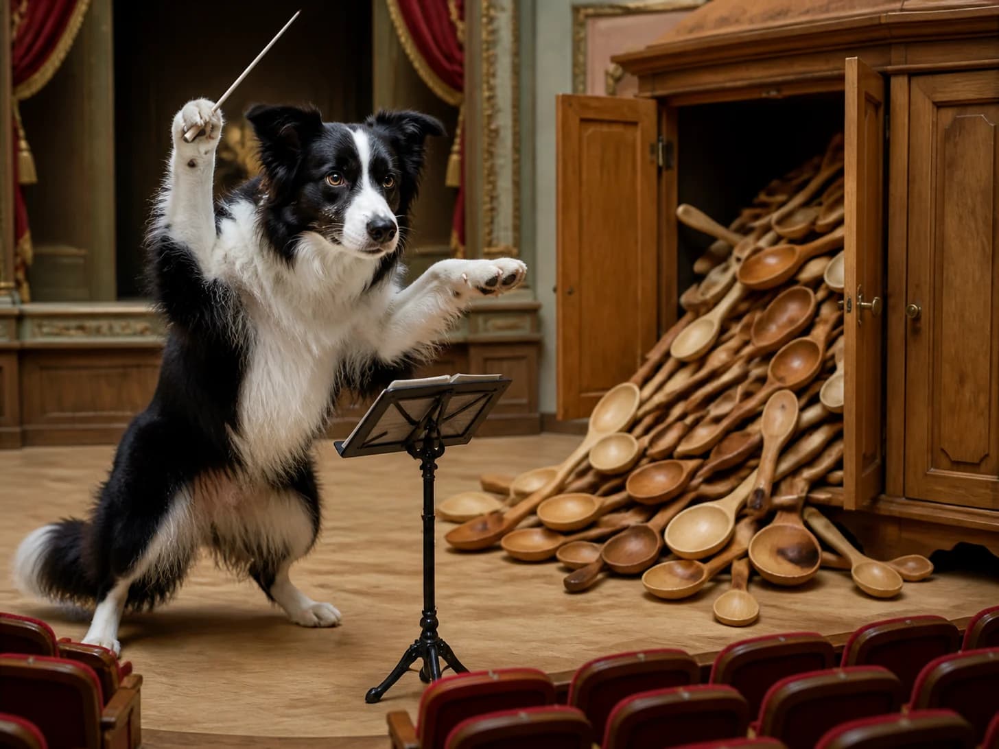 Apricot II was promoted to stern orchestra conductor; unfortunately, a heap of wooden spoons spills from a cupboard.