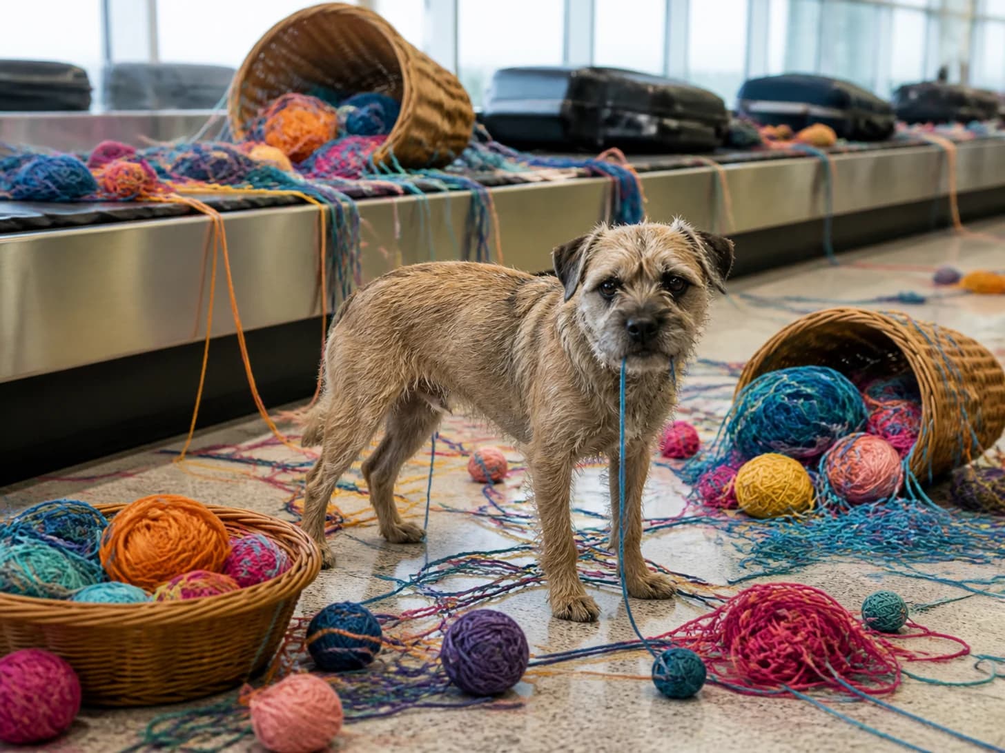 Umber III was promoted to overwhelmed airport baggage manager; unfortunately, a basket of yarn unravels around everything.