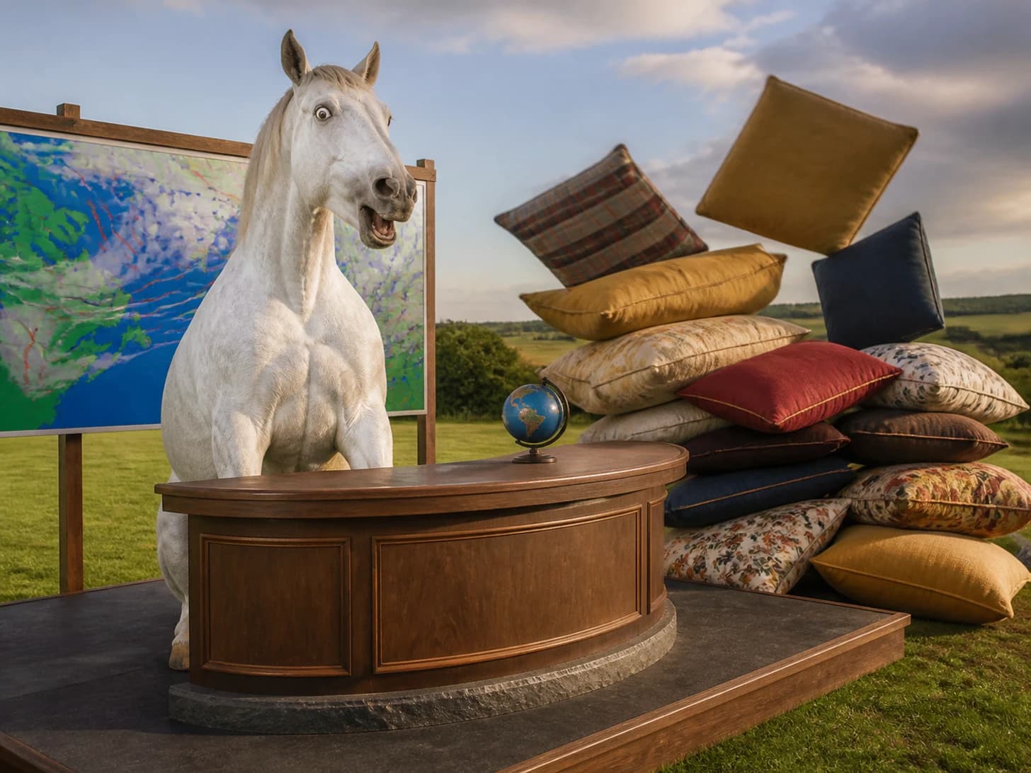 Umber was promoted to weather forecaster surprised by its own forecast; unfortunately, a pile of cushions slowly topples.