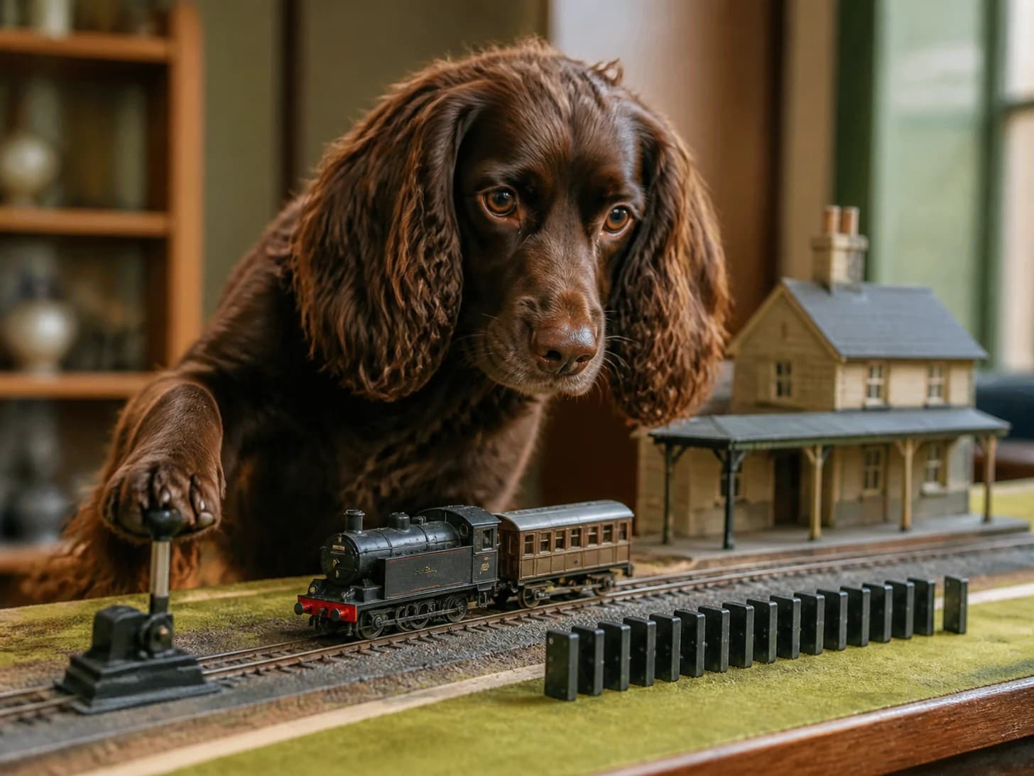 Ginger was promoted to train dispatcher handling one tiny late train; unfortunately, a domino line stops one piece before the finish.