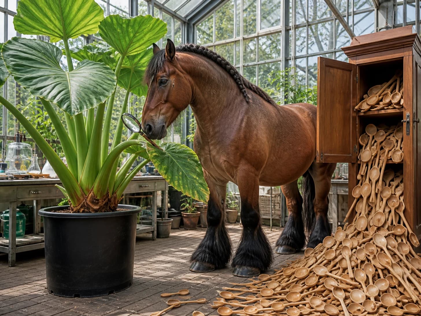 Cricket was promoted to botanist studying an absurdly large houseplant; unfortunately, a heap of wooden spoons spills from a cupboard.