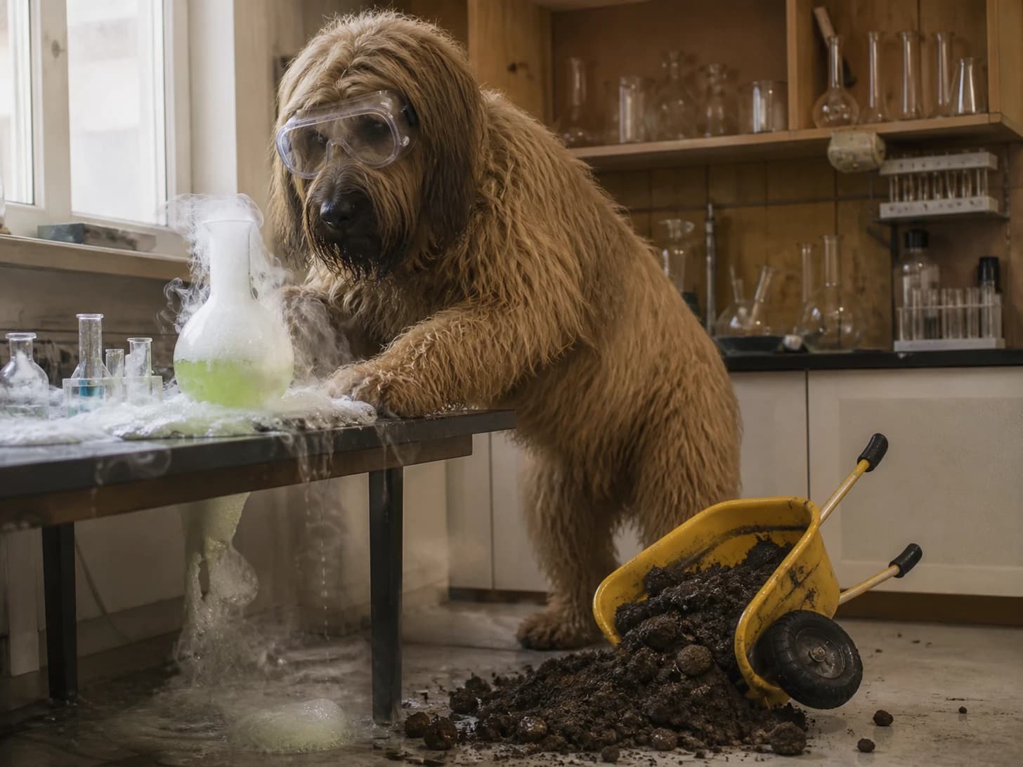 Amber was promoted to scientist monitoring a bubbling but harmless experiment; unfortunately, a toy wheelbarrow tips at the worst moment.