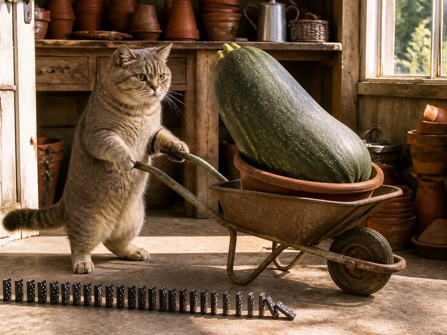 Vareniki VIII was promoted to gardener confronting a wheelbarrow full of one enormous vegetable; unfortunately, a domino line stops one piece before the finish.