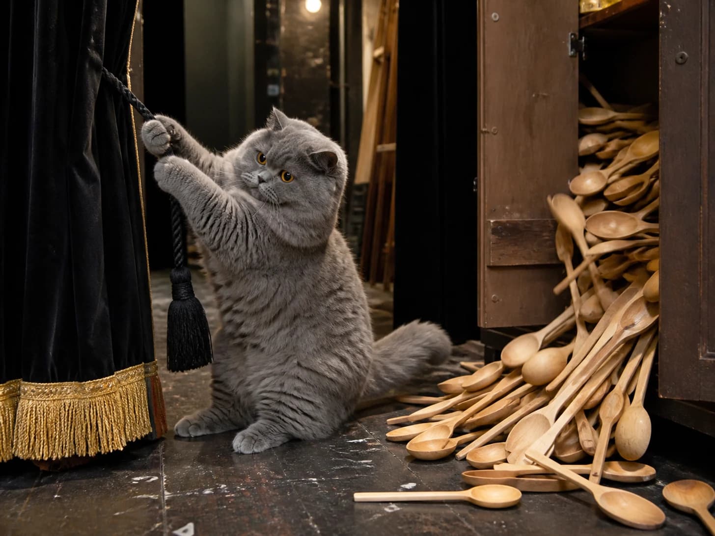 Bracken II was promoted to stage manager during a curtain emergency; unfortunately, a heap of wooden spoons spills from a cupboard.