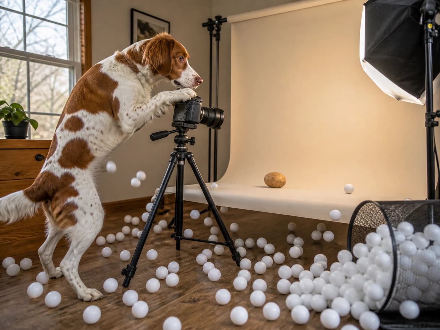 Fennel VI was promoted to photographer arranging a portrait of one potato; unfortunately, dozens of ping-pong balls escape at once.