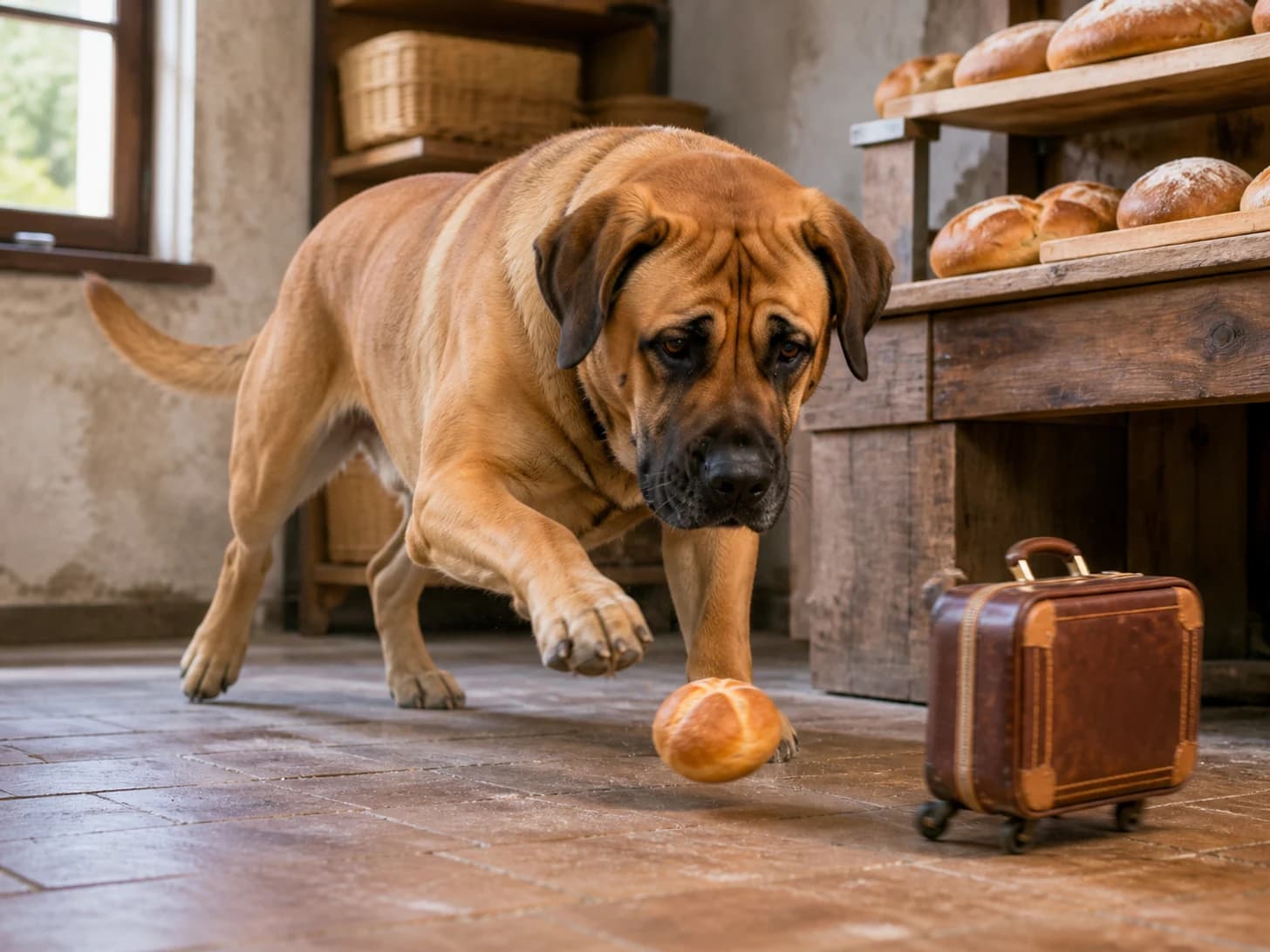 Bandit was promoted to baker guarding a runaway bread roll; unfortunately, one toy suitcase circles endlessly.