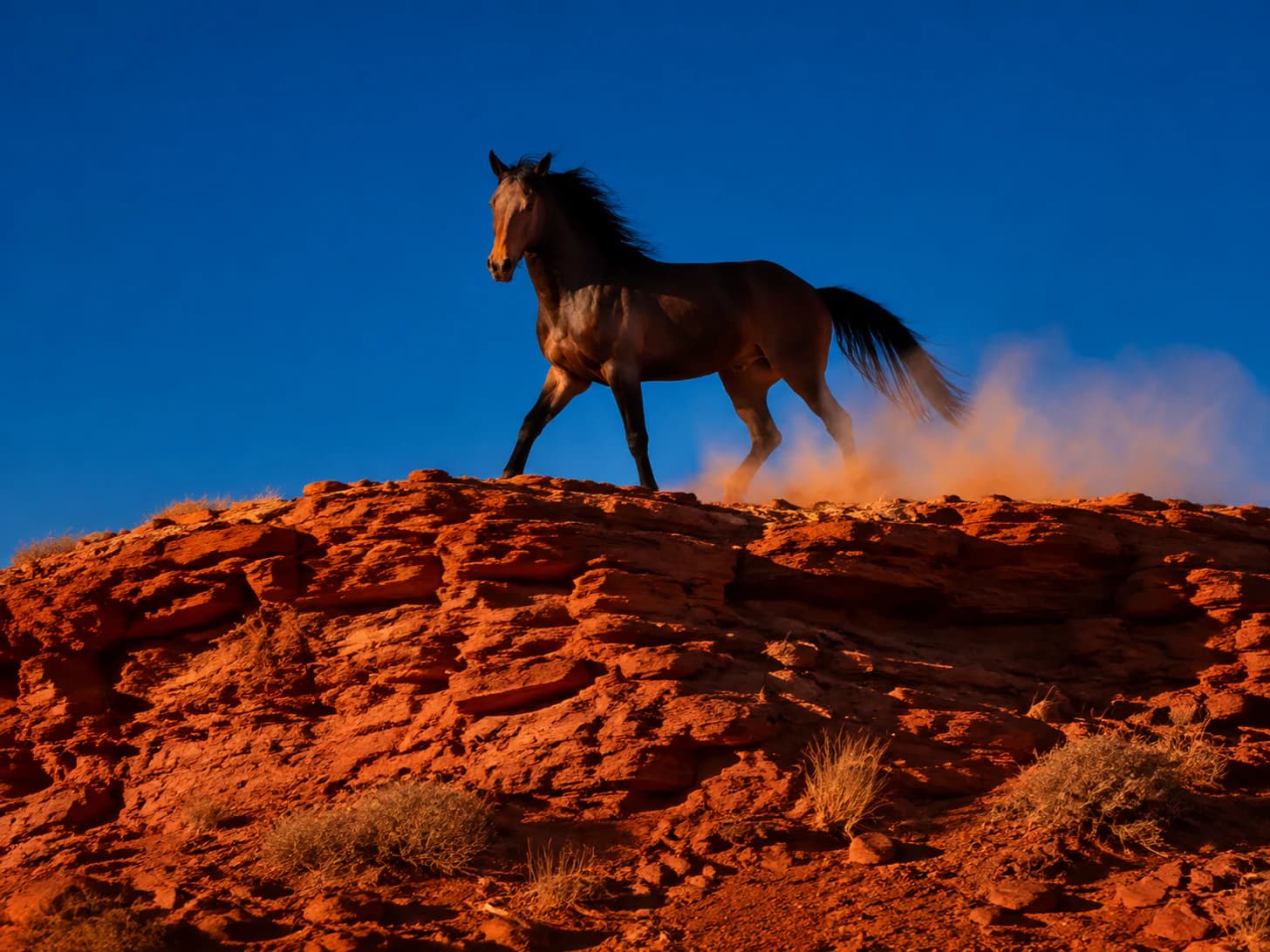 Storm walks the ridge at last light where everyone can see him, which is entirely the point.