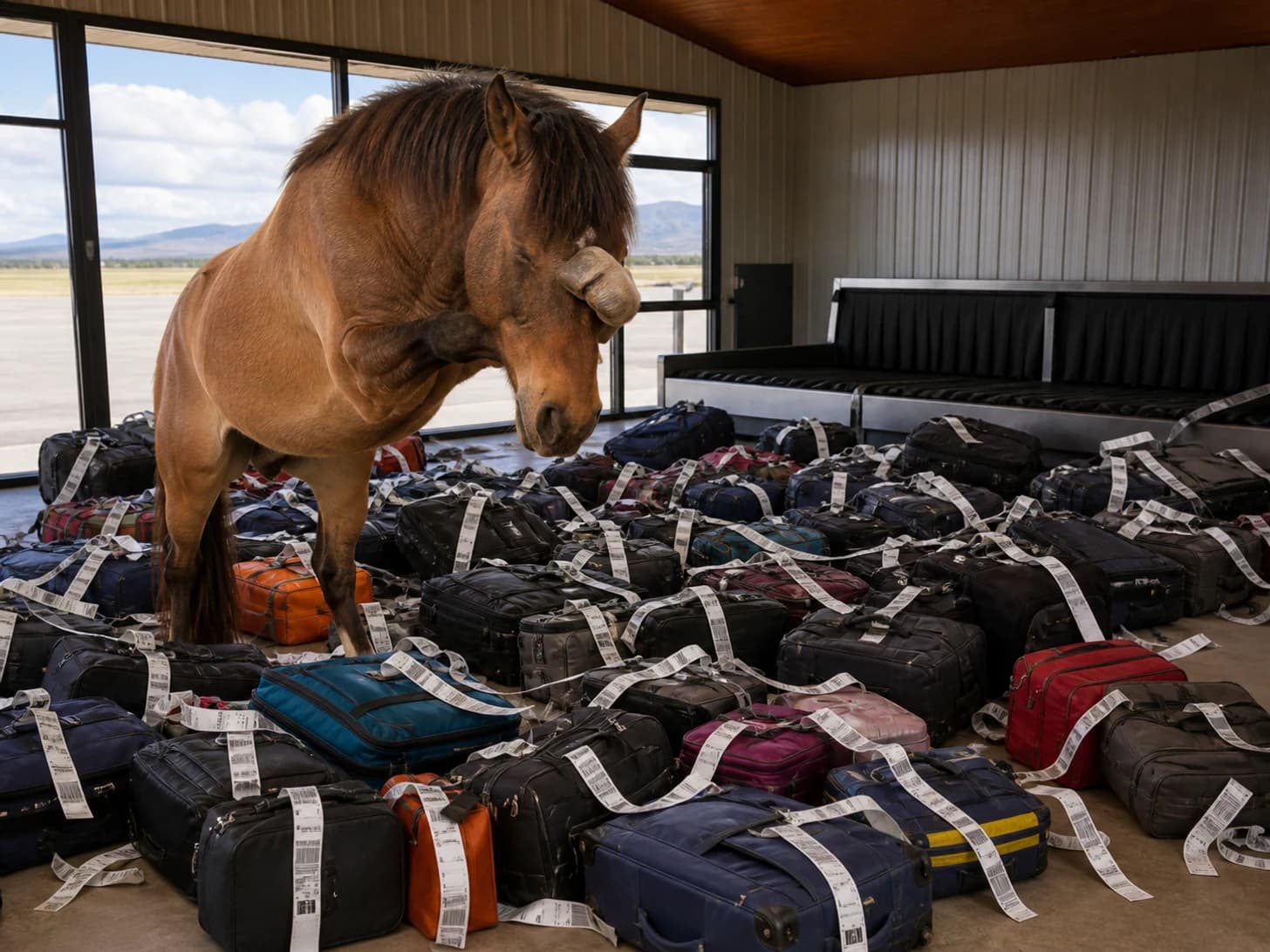 Fennel was promoted to overwhelmed airport baggage manager; unfortunately, a paper fan unfolds across the floor.
