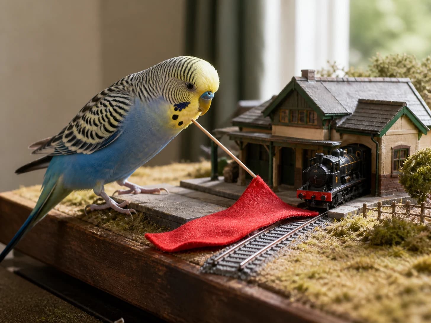Kiwi was promoted to train dispatcher handling one tiny late train; unfortunately, a tiny red carpet refuses to lie flat.