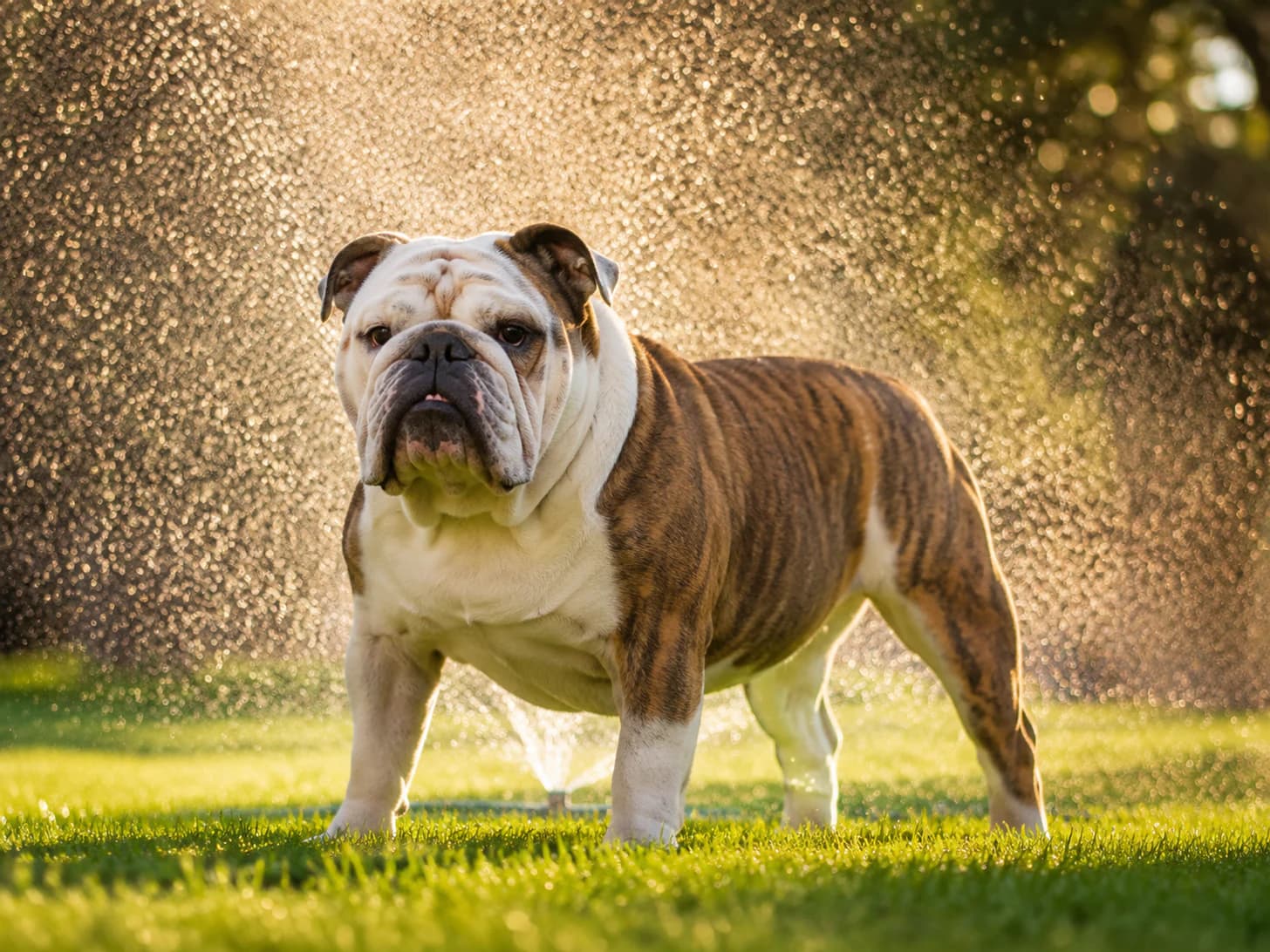 Tank stands in front of the sprinkler and waits for it to come round again. Every time.