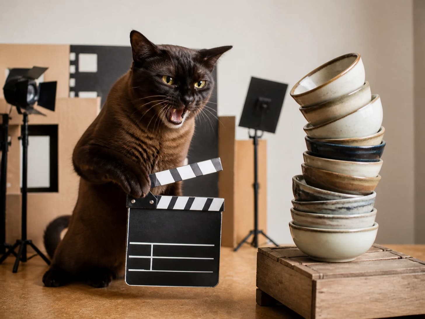 Cinnamon IV was promoted to film director frustrated with a toy clapperboard; unfortunately, a stack of empty bowls wobbles dangerously.