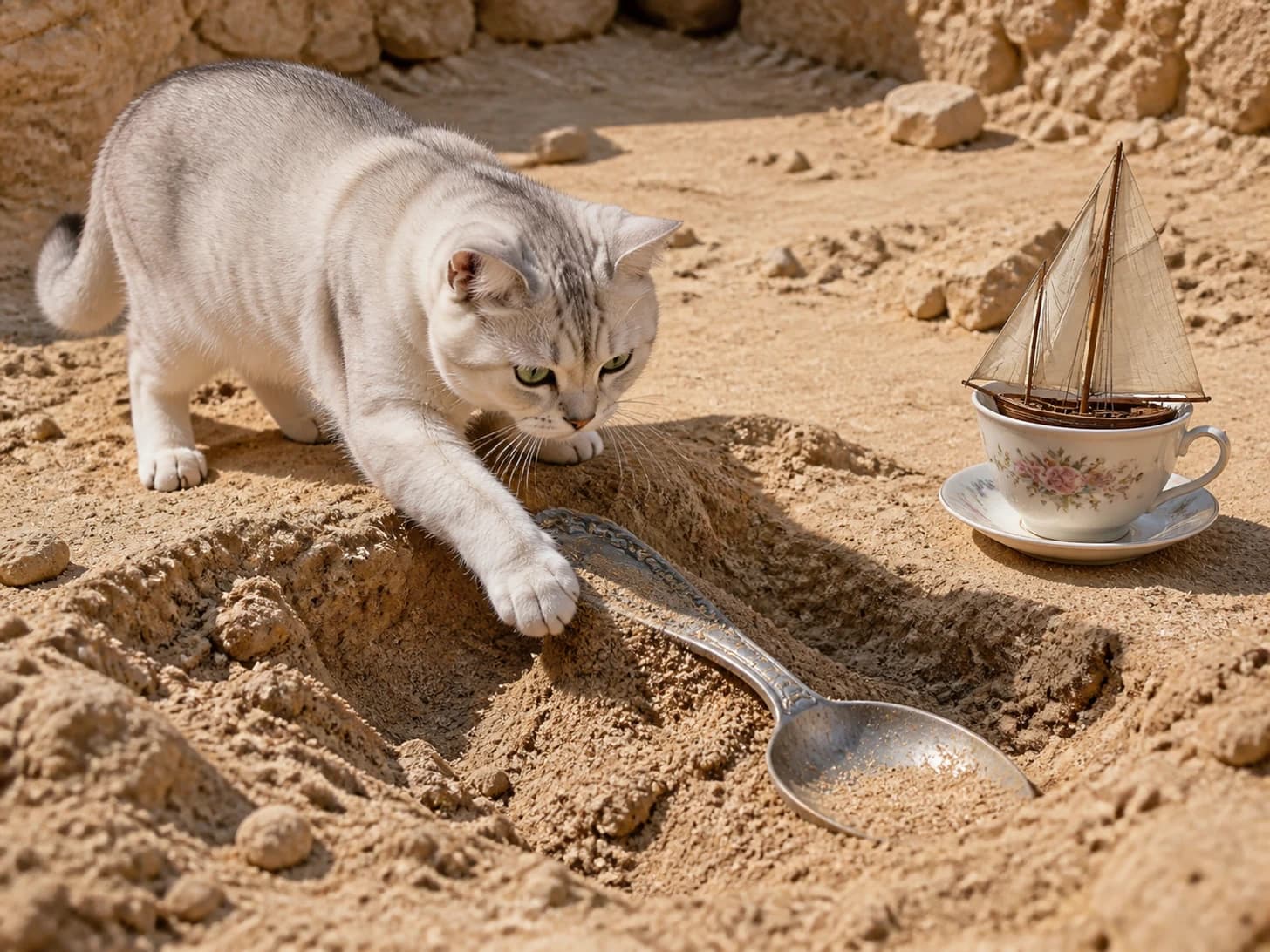 Indigo VII was promoted to archaeologist uncovering a giant spoon; unfortunately, a model sailboat becomes stranded in a teacup.