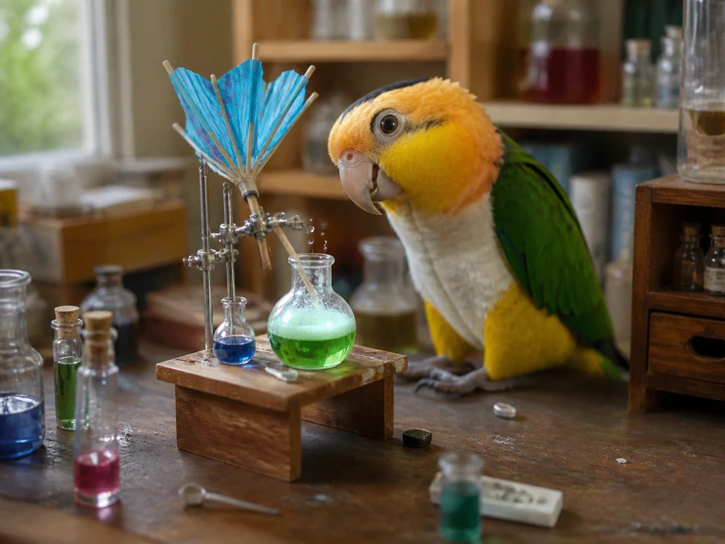 Poppy VI was promoted to scientist monitoring a bubbling but harmless experiment; unfortunately, a miniature umbrella turns inside out.