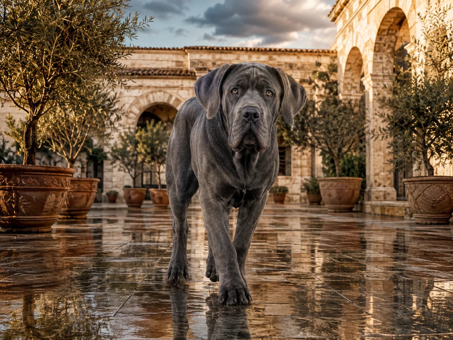 Titan crosses the courtyard after rain as though he owns the building, which he believes he does.