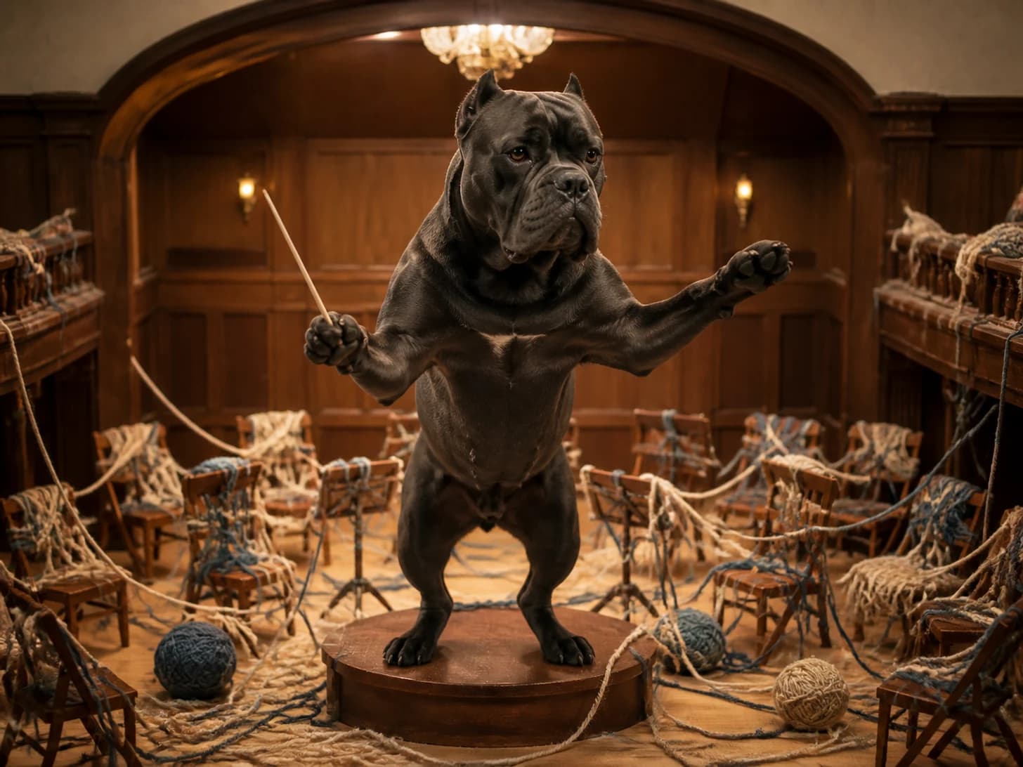 Wren was promoted to stern orchestra conductor; unfortunately, a basket of yarn unravels around everything.