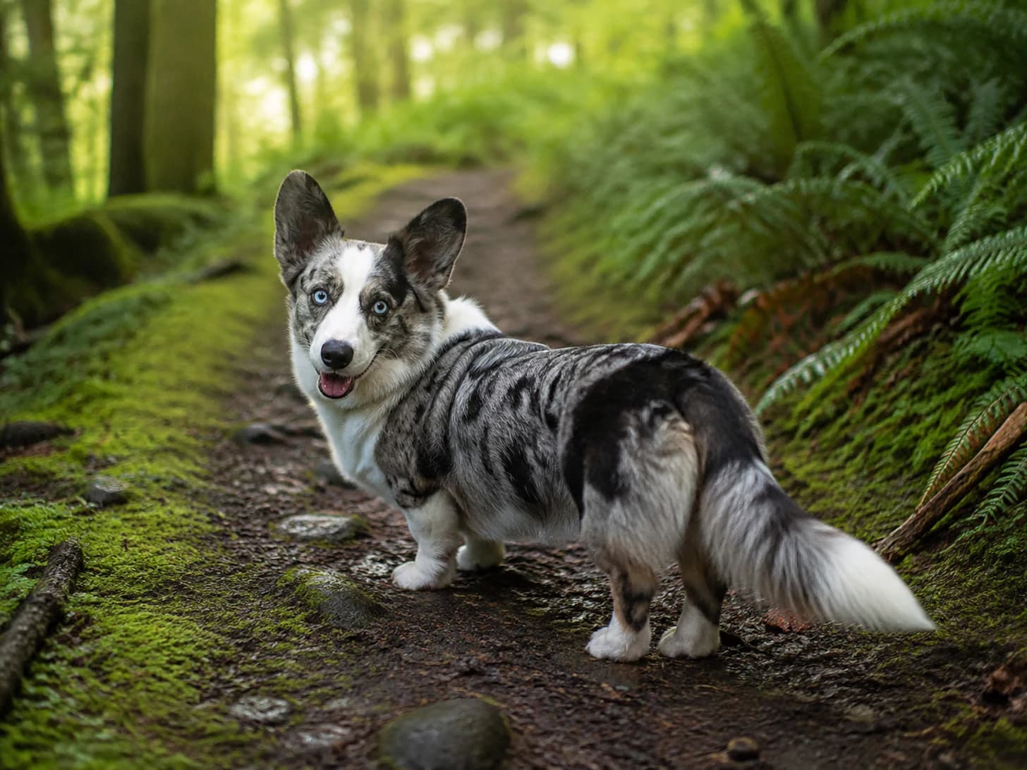 Merlin walks ahead on the forest path and looks back to check I am still coming.