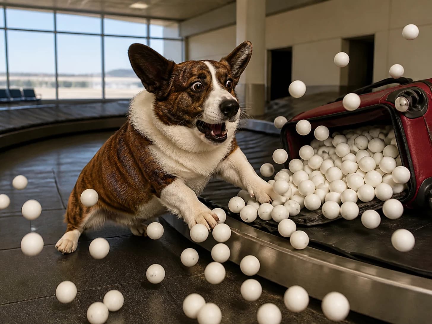 Cobweb was promoted to overwhelmed airport baggage manager; unfortunately, dozens of ping-pong balls escape at once.