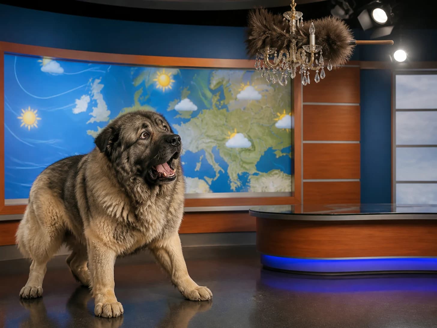 Basil was promoted to weather forecaster surprised by its own forecast; unfortunately, a feather duster gets stuck in a tiny chandelier.