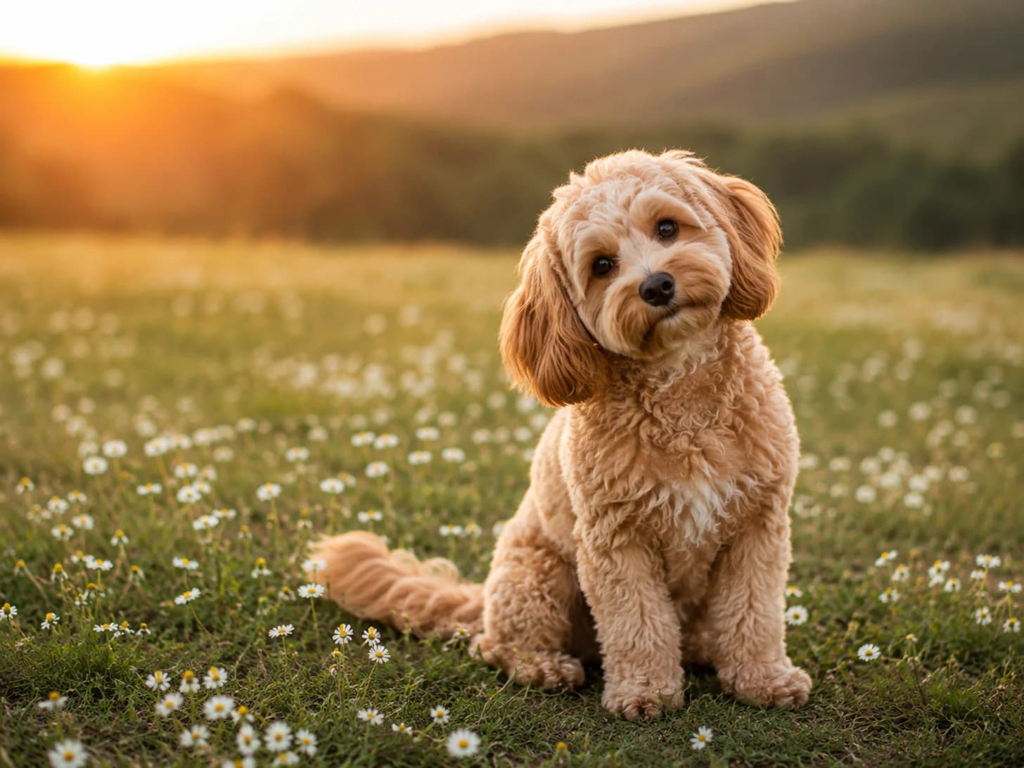 Teddy sits in the daisies at sunset and waits to be told how good he looks.
