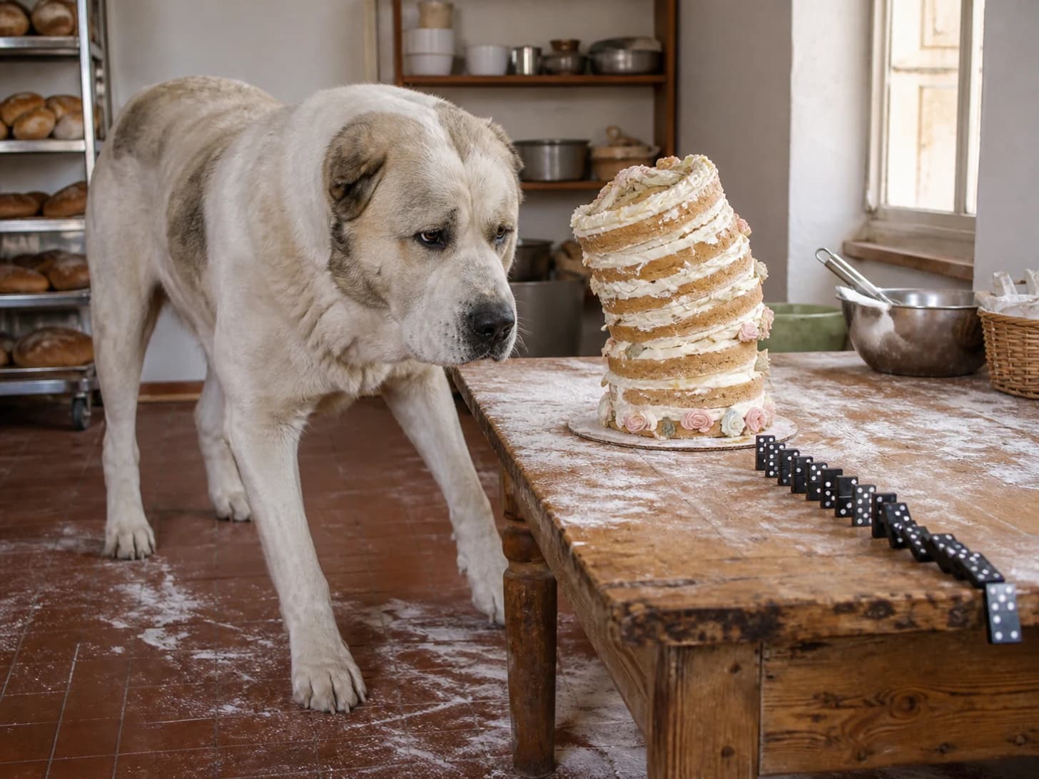 Parsnip was promoted to pastry chef confronting a leaning cake; unfortunately, a domino line stops one piece before the finish.