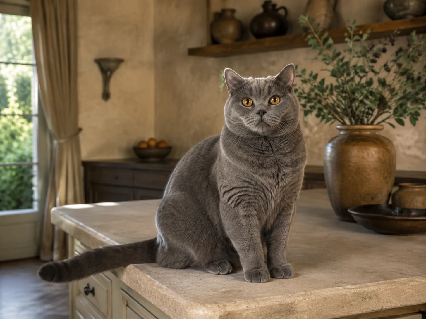 Margot supervises the kitchen from the one surface she is definitely not allowed on.