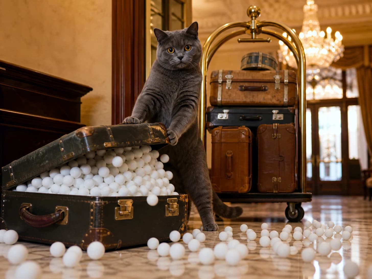 Sorrel III was promoted to hotel concierge receiving impossible luggage; unfortunately, dozens of ping-pong balls escape at once.
