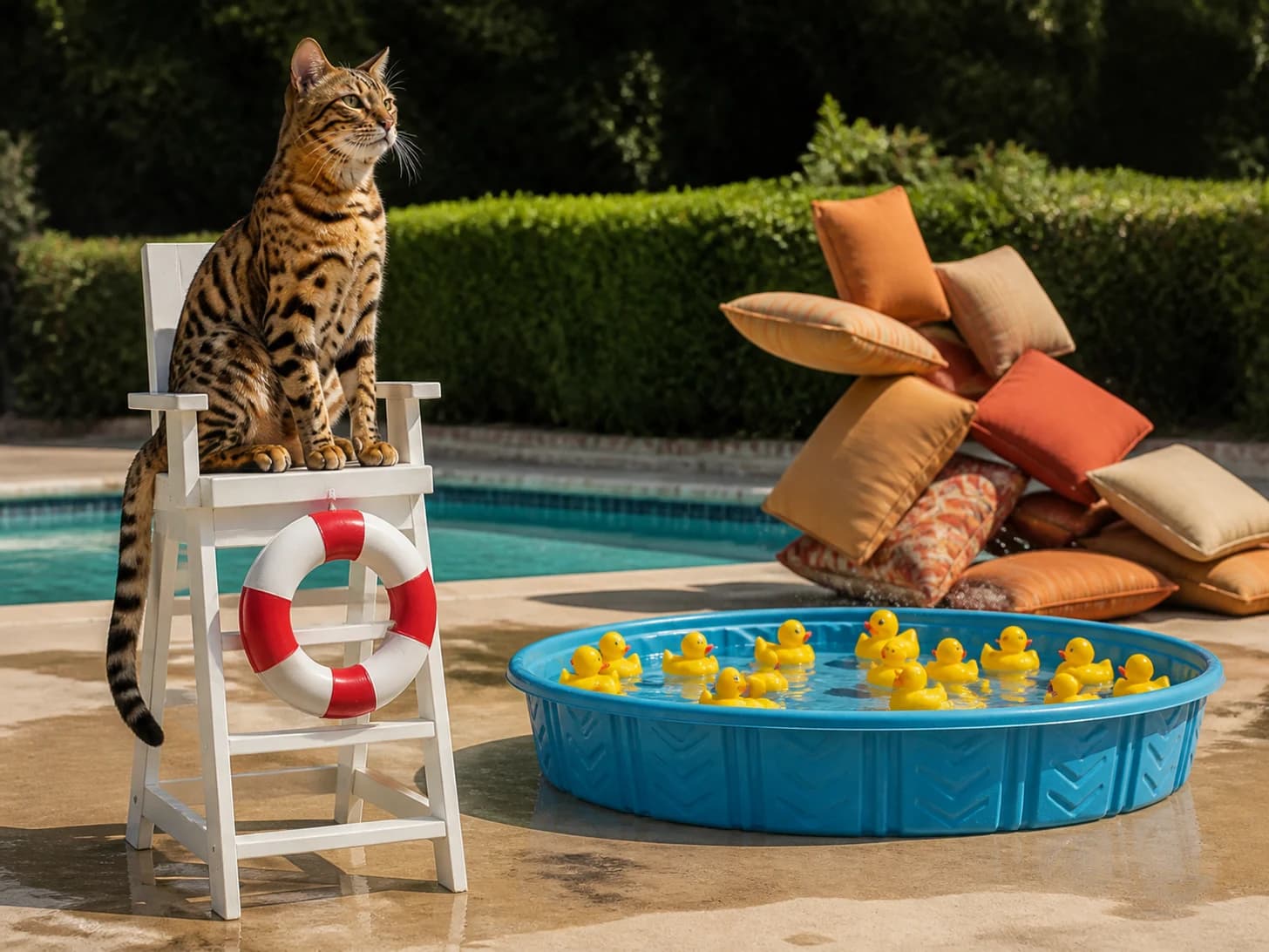 Rosemary IV was promoted to lifeguard supervising a paddling pool for rubber ducks; unfortunately, a pile of cushions slowly topples.