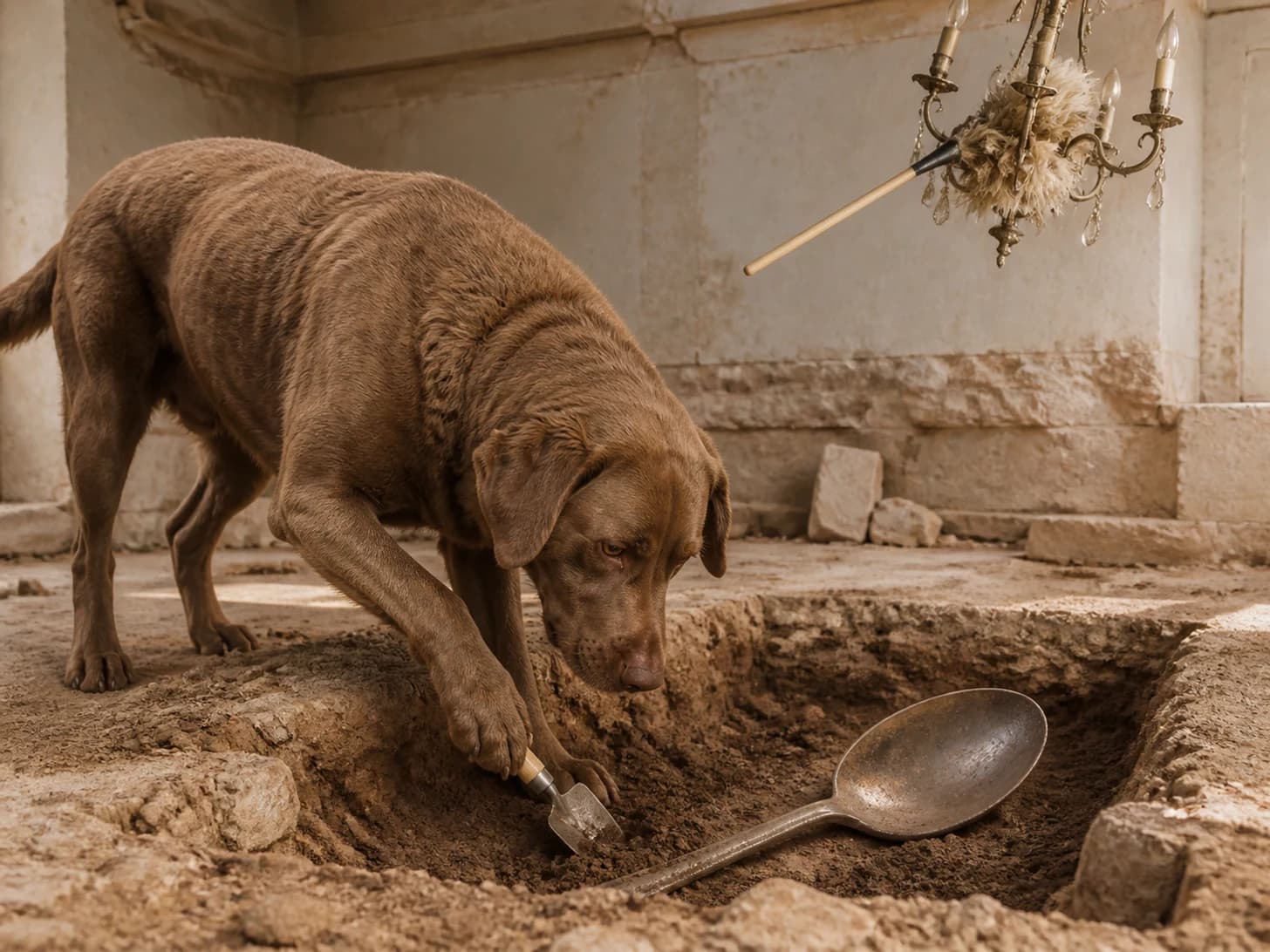 Rosemary was promoted to archaeologist uncovering a giant spoon; unfortunately, a feather duster gets stuck in a tiny chandelier.