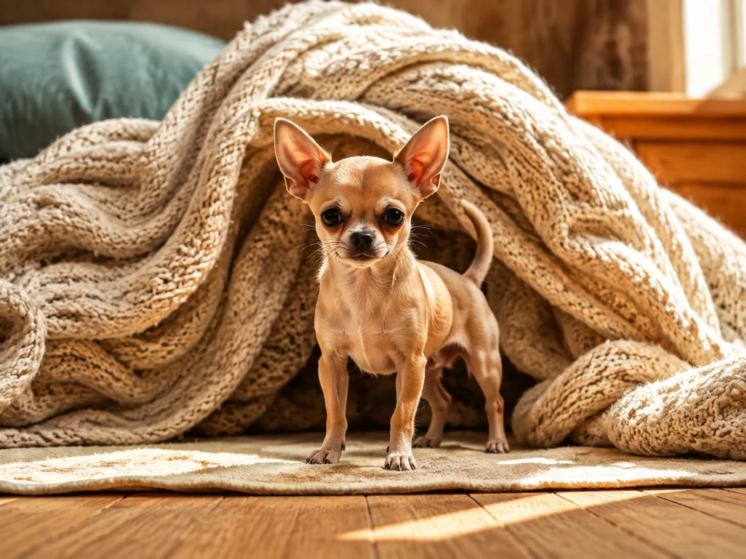Peanut has built a tunnel under the blanket and emerges from it only for meals.