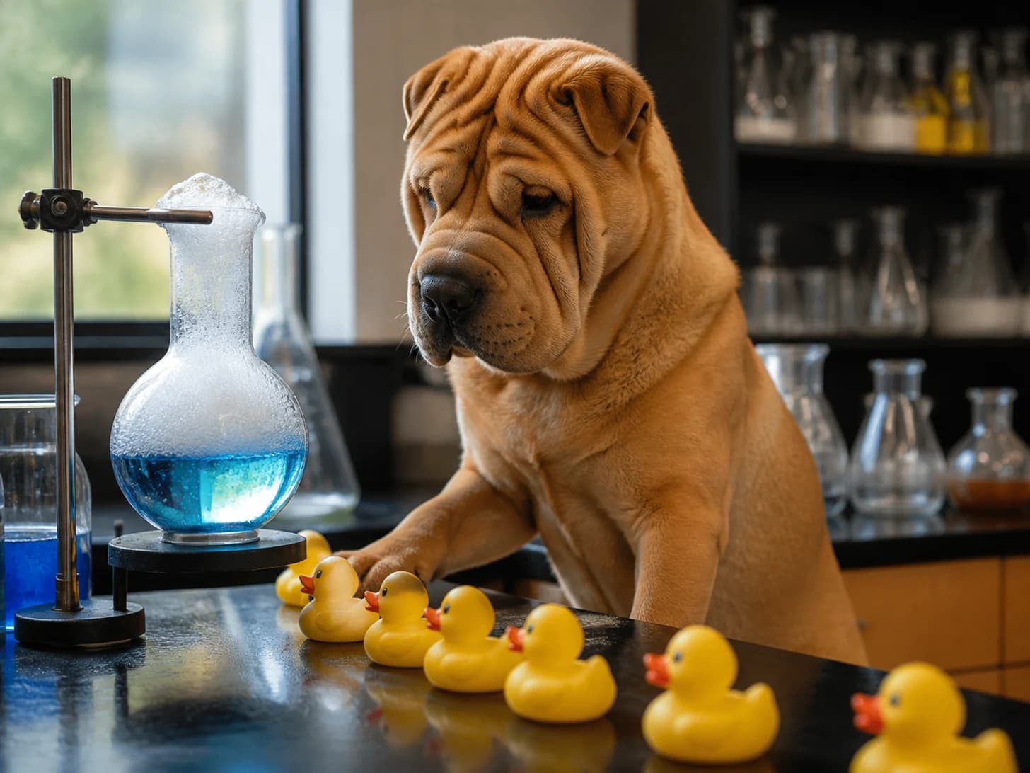 Ginger was promoted to scientist monitoring a bubbling but harmless experiment; unfortunately, a parade of rubber ducks heads the wrong way.