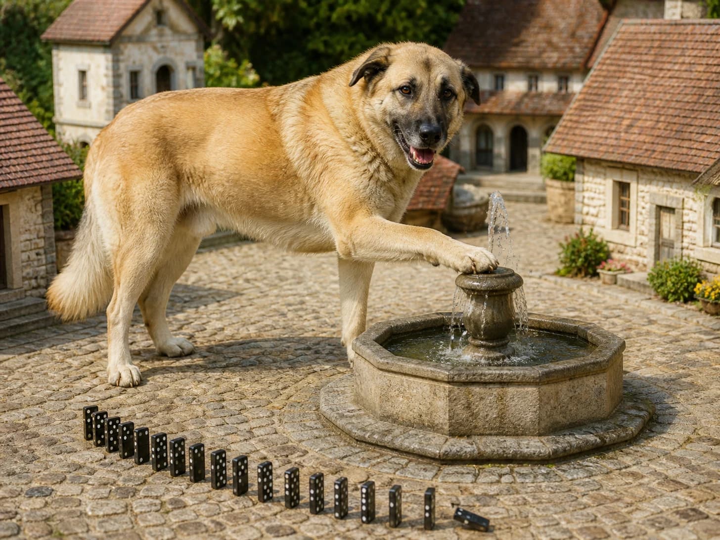 Fig was promoted to mayor opening a very small fountain; unfortunately, a domino line stops one piece before the finish.