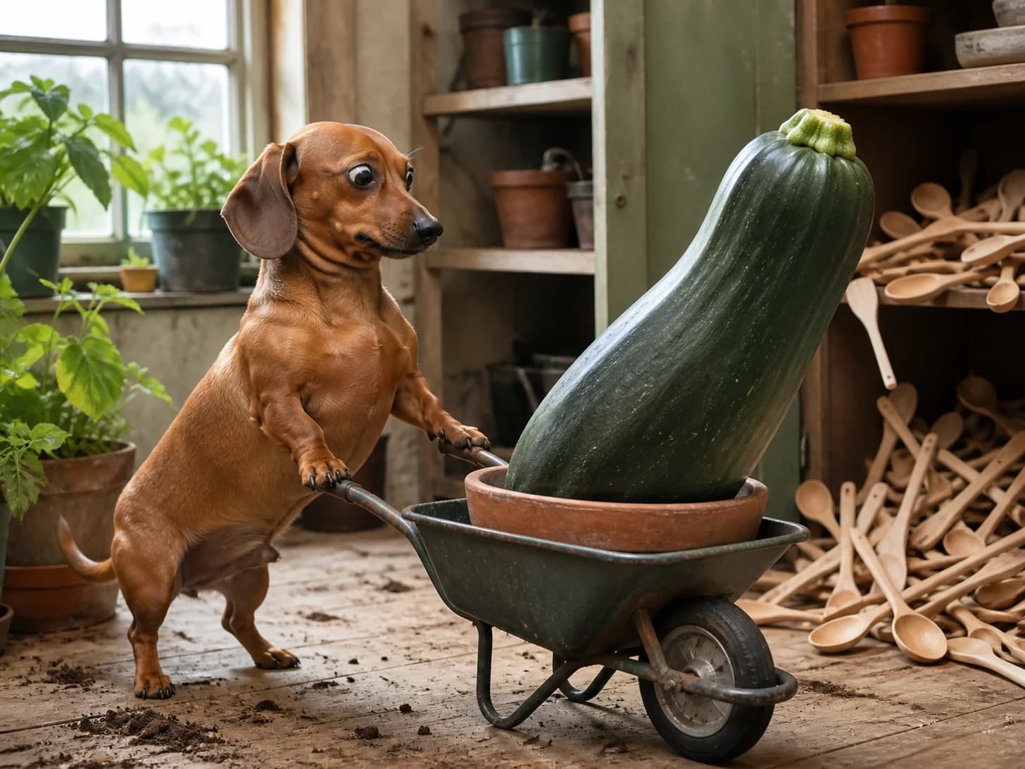 Rosemary II was promoted to gardener confronting a wheelbarrow full of one enormous vegetable; unfortunately, a heap of wooden spoons spills from a cupboard.