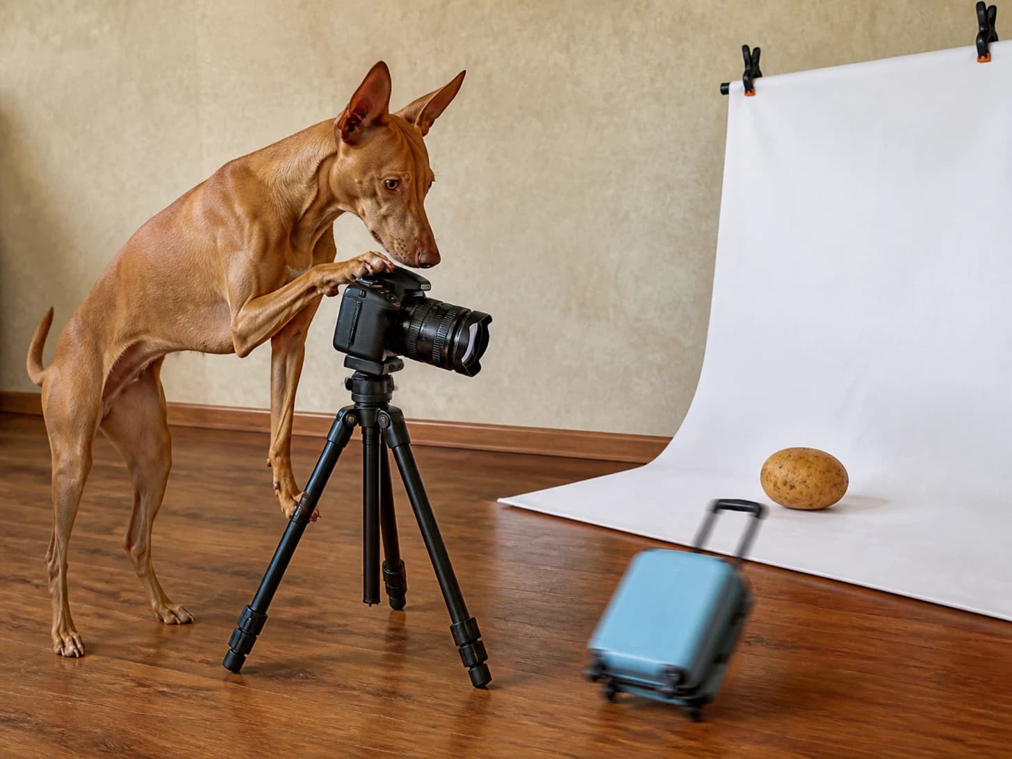 Pickle was promoted to photographer arranging a portrait of one potato; unfortunately, one toy suitcase circles endlessly.