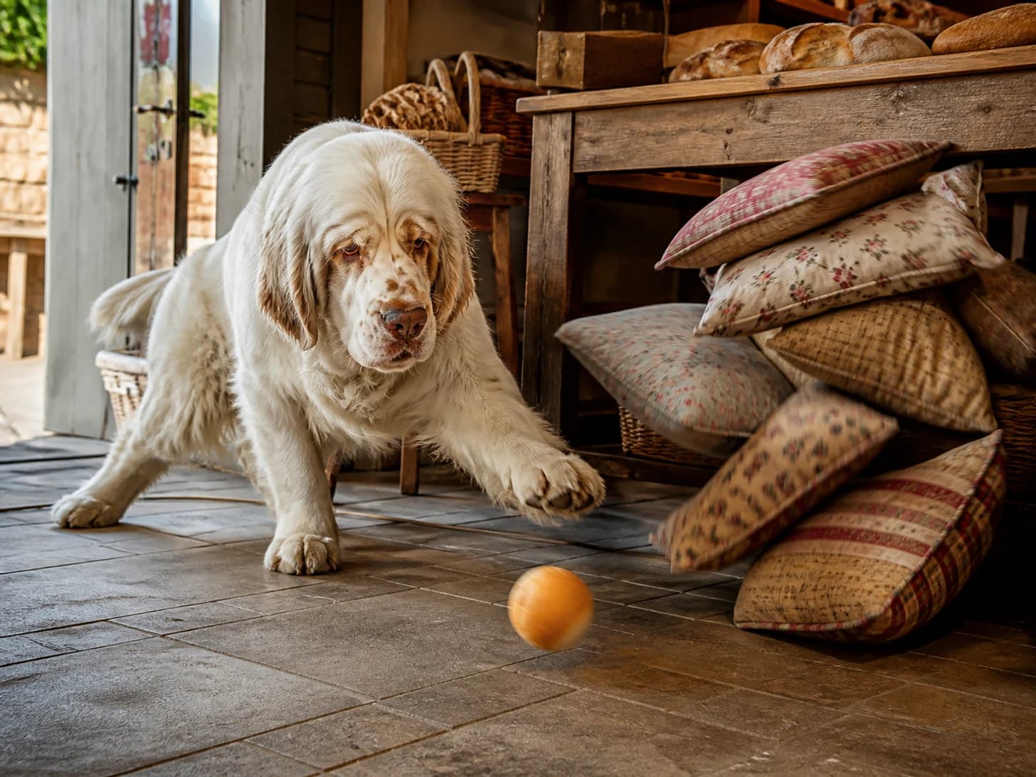 Cinnamon was promoted to baker guarding a runaway bread roll; unfortunately, a pile of cushions slowly topples.
