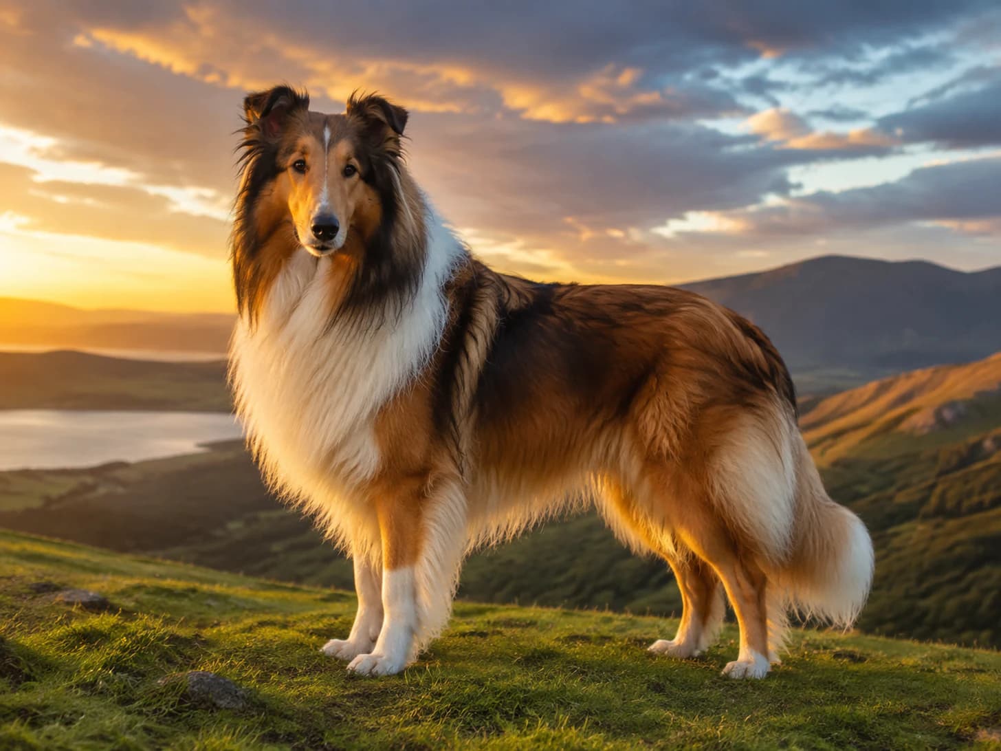 Angus stands on the hill at sunset because he knows exactly how it looks.