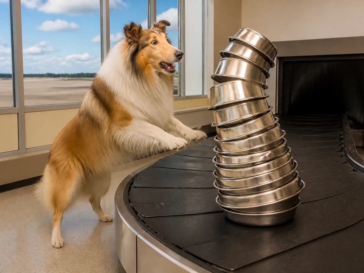Linnet was promoted to overwhelmed airport baggage manager; unfortunately, a stack of empty bowls wobbles dangerously.