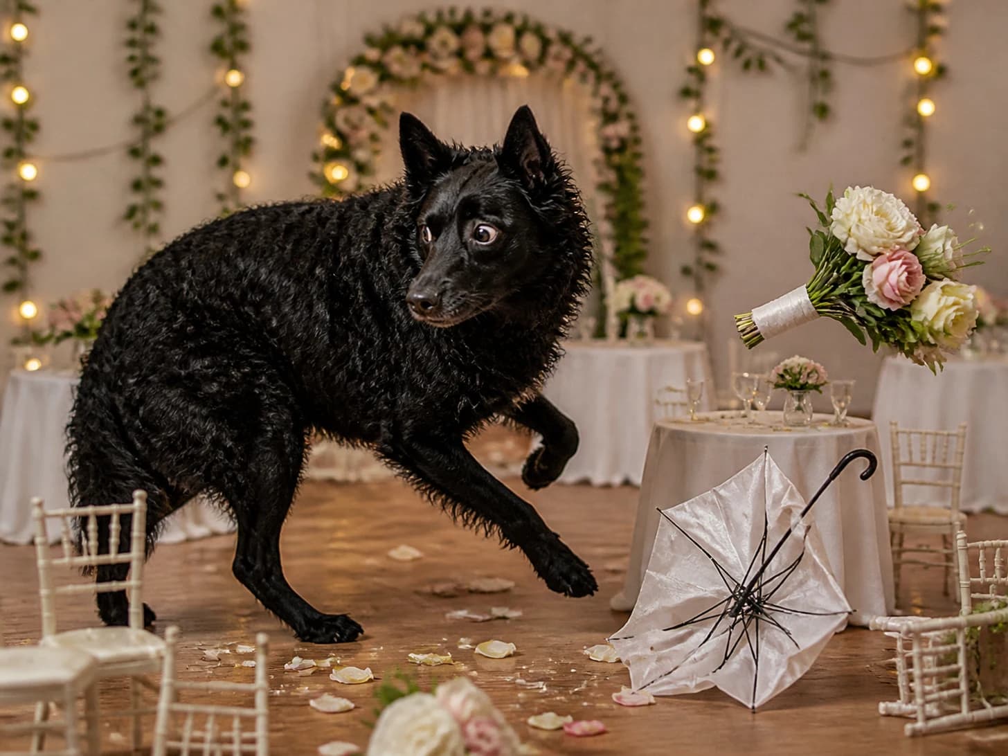 Yarrow was promoted to wedding planner facing a runaway bouquet; unfortunately, a miniature umbrella turns inside out.