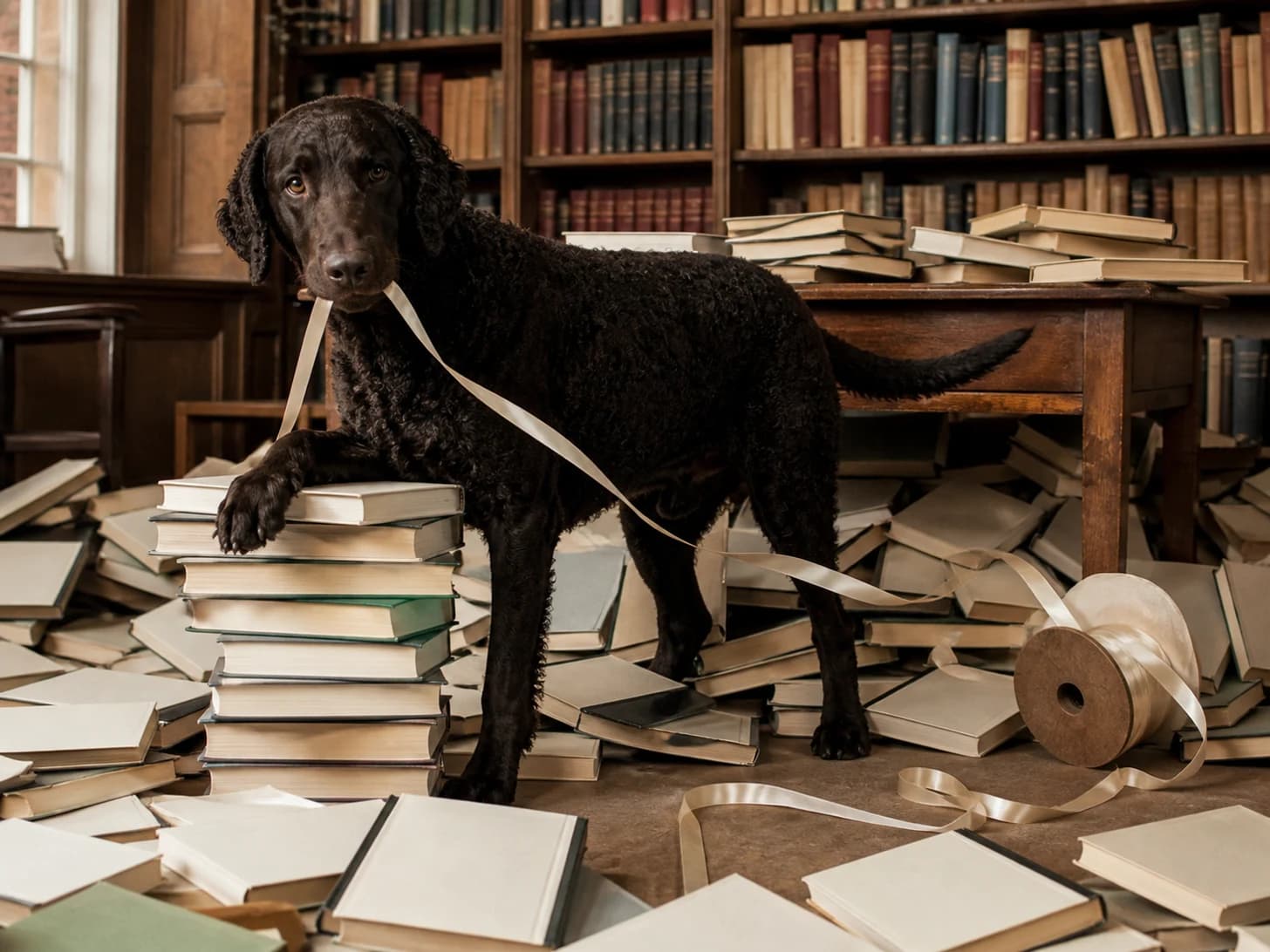 Plum II was promoted to librarian managing an avalanche of blank books; unfortunately, a ribbon spool rolls across the entire set.