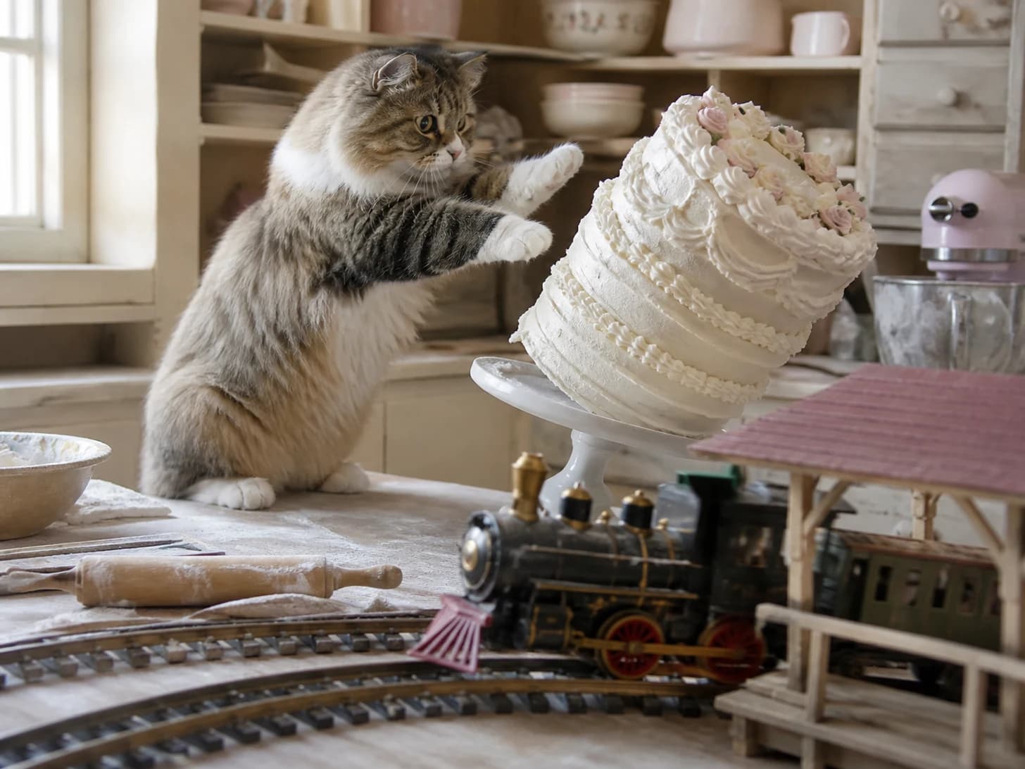 Lupin was promoted to pastry chef confronting a leaning cake; unfortunately, a clockwork train misses the platform.