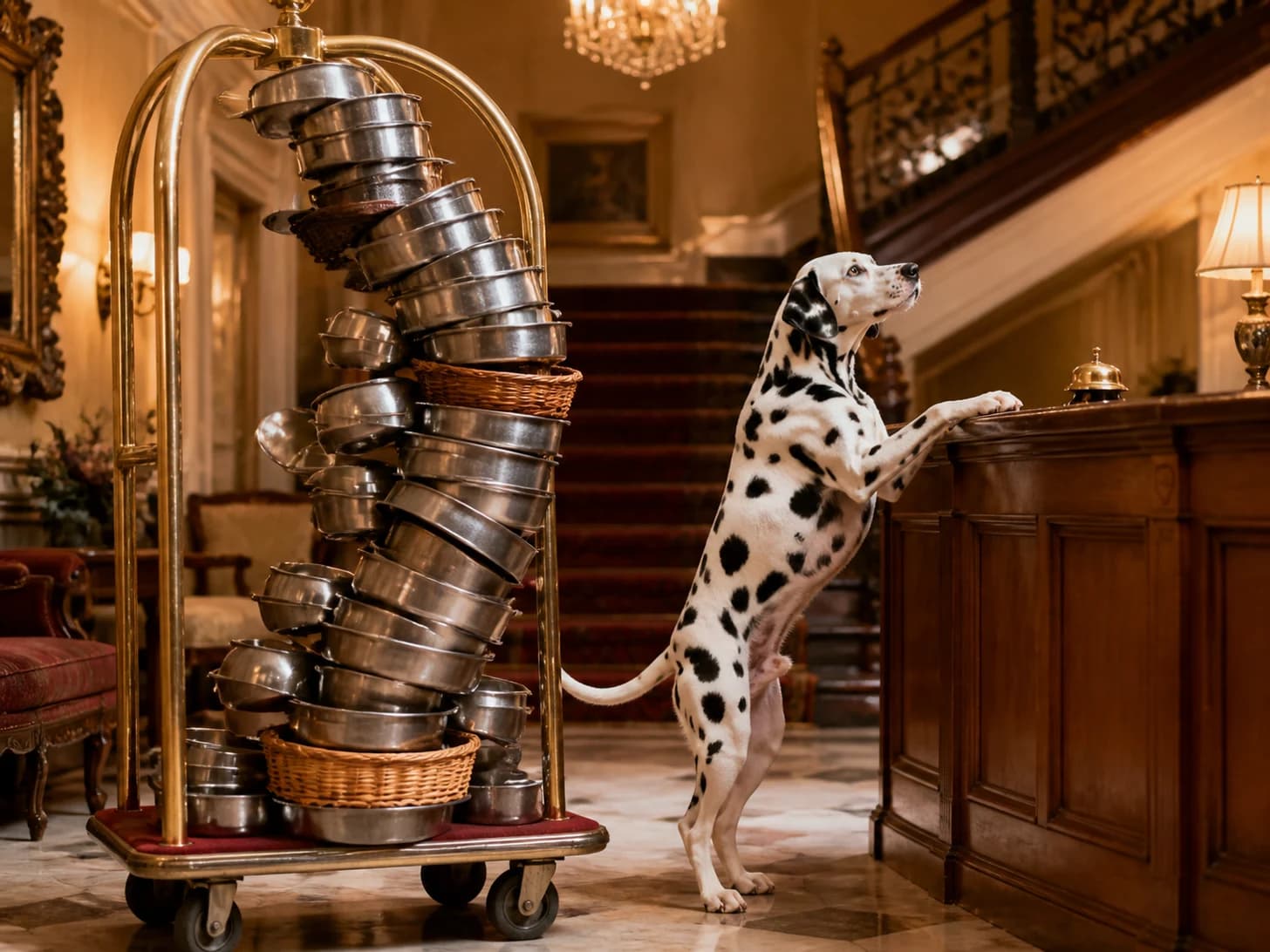 Custard was promoted to hotel concierge receiving impossible luggage; unfortunately, a stack of empty bowls wobbles dangerously.