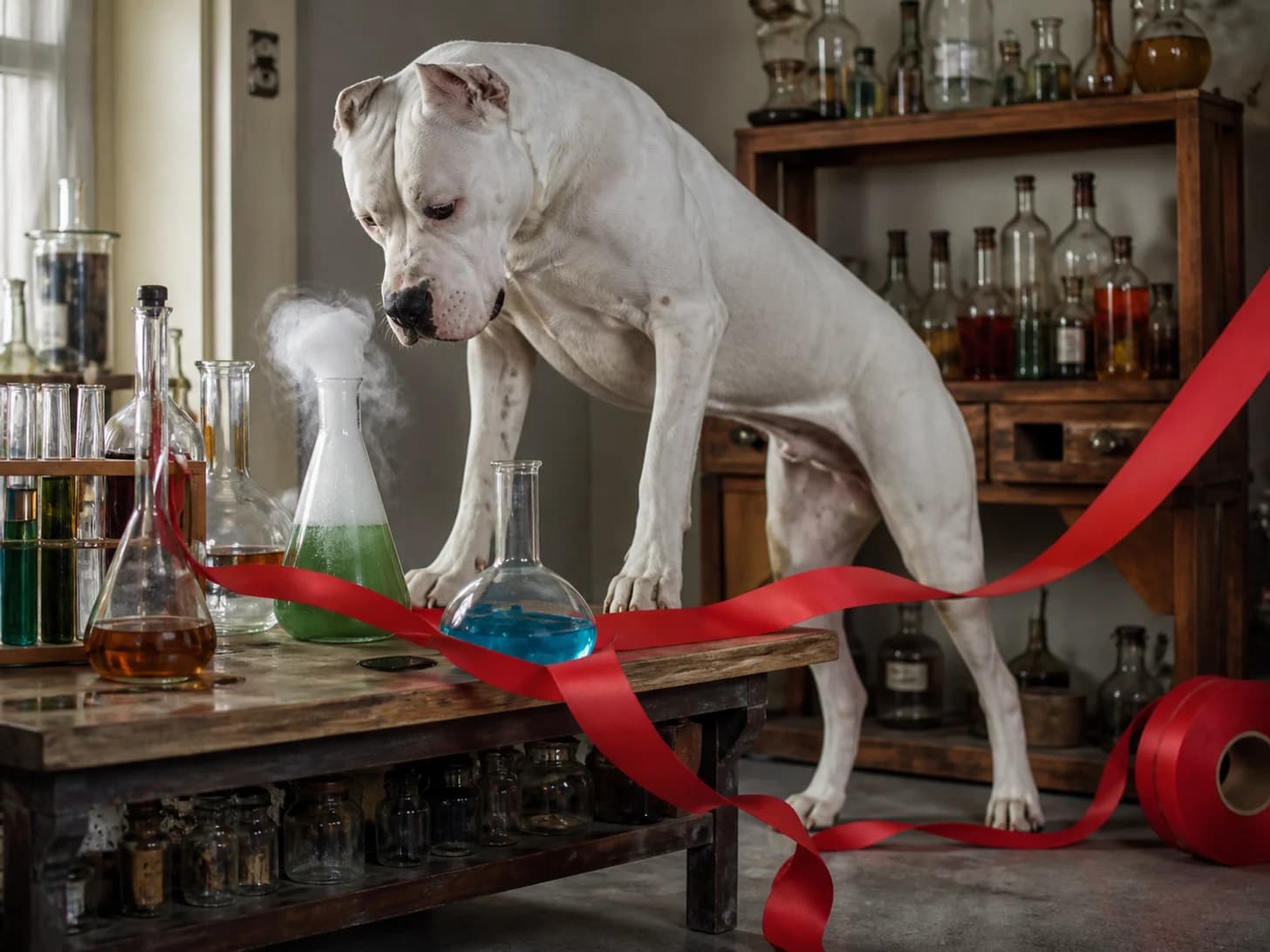 Ginger II was promoted to scientist monitoring a bubbling but harmless experiment; unfortunately, a ribbon spool rolls across the entire set.