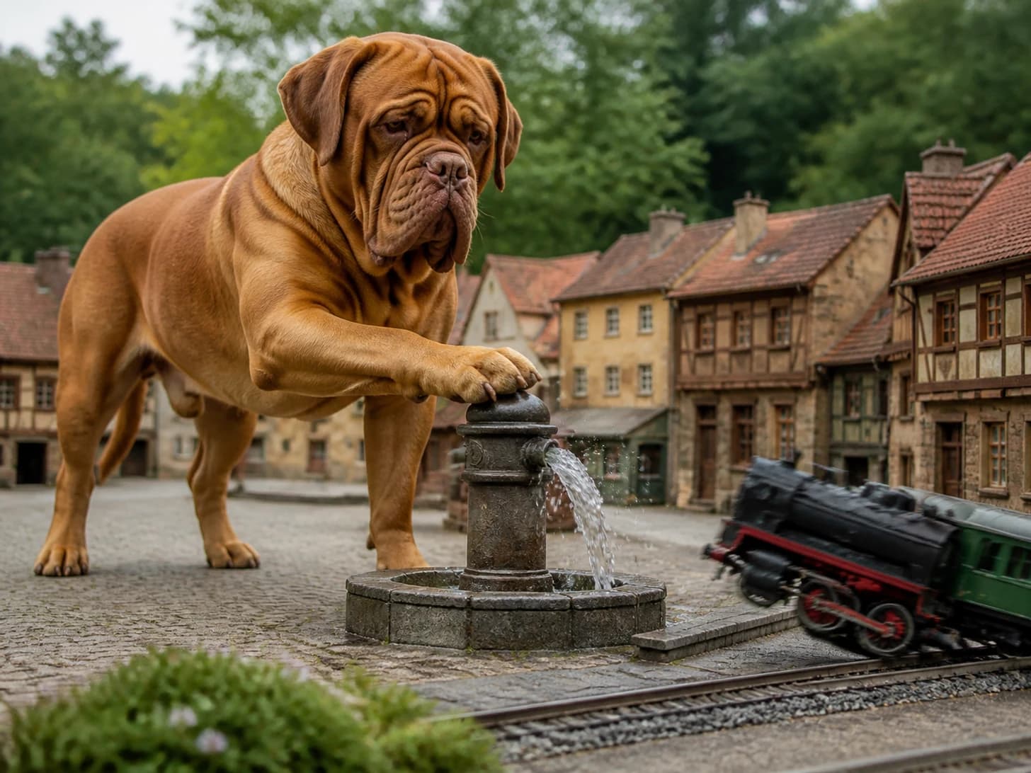 Biscuit was promoted to mayor opening a very small fountain; unfortunately, a clockwork train misses the platform.